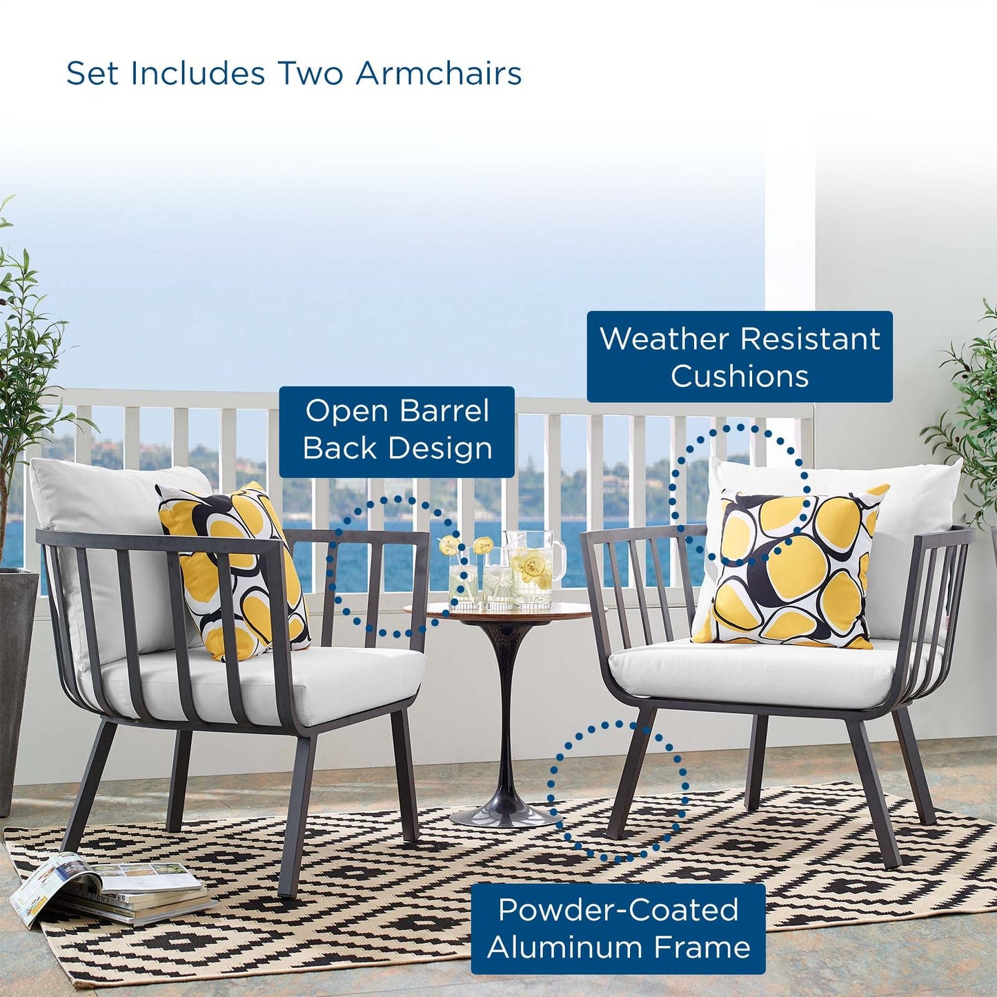 Riverside Outdoor Patio Aluminum Armchair Set of 2 Gray White EEI-3960-SLA-WHI