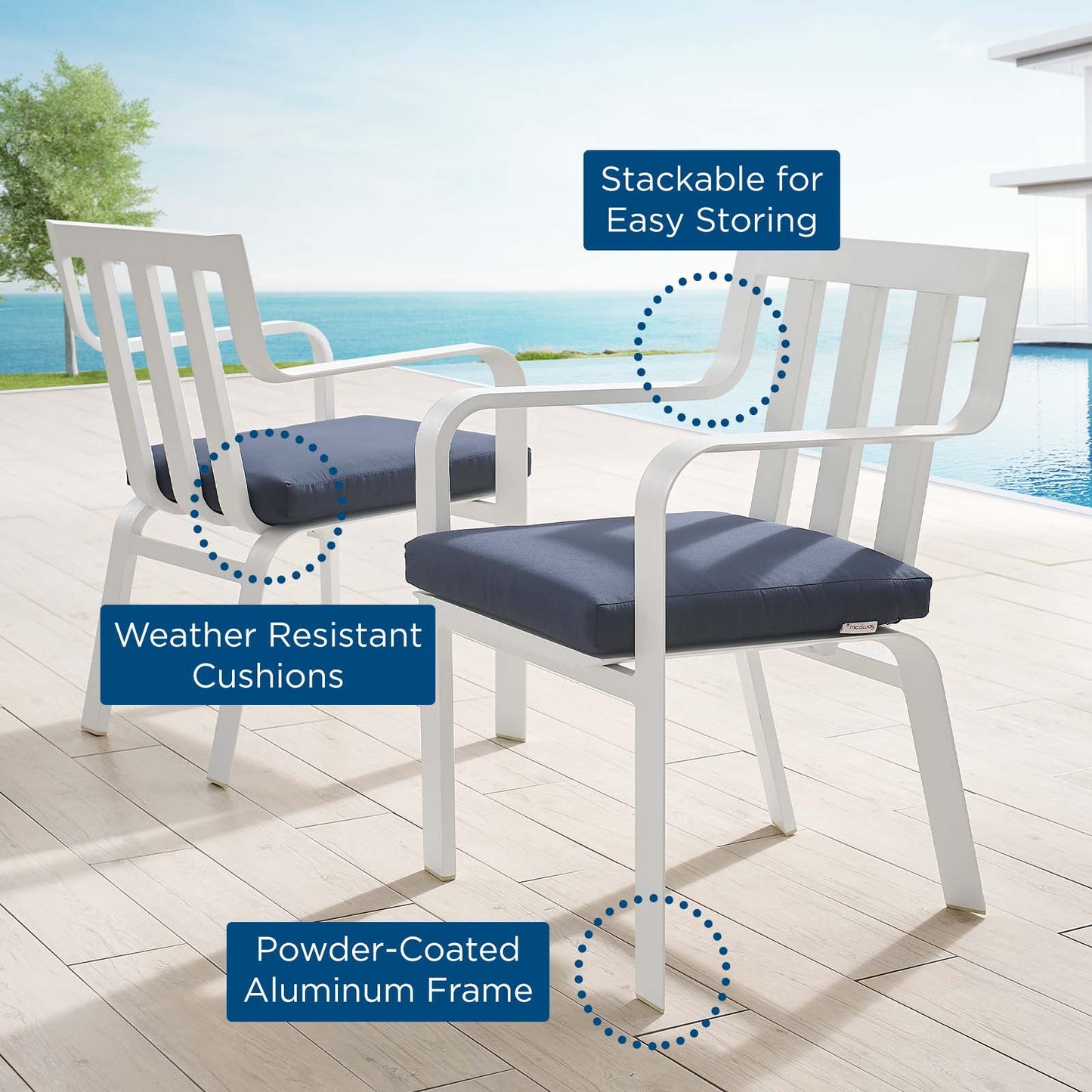 Baxley Outdoor Patio Aluminum Armchair Set of 2 White Navy EEI-3961-WHI-NAV