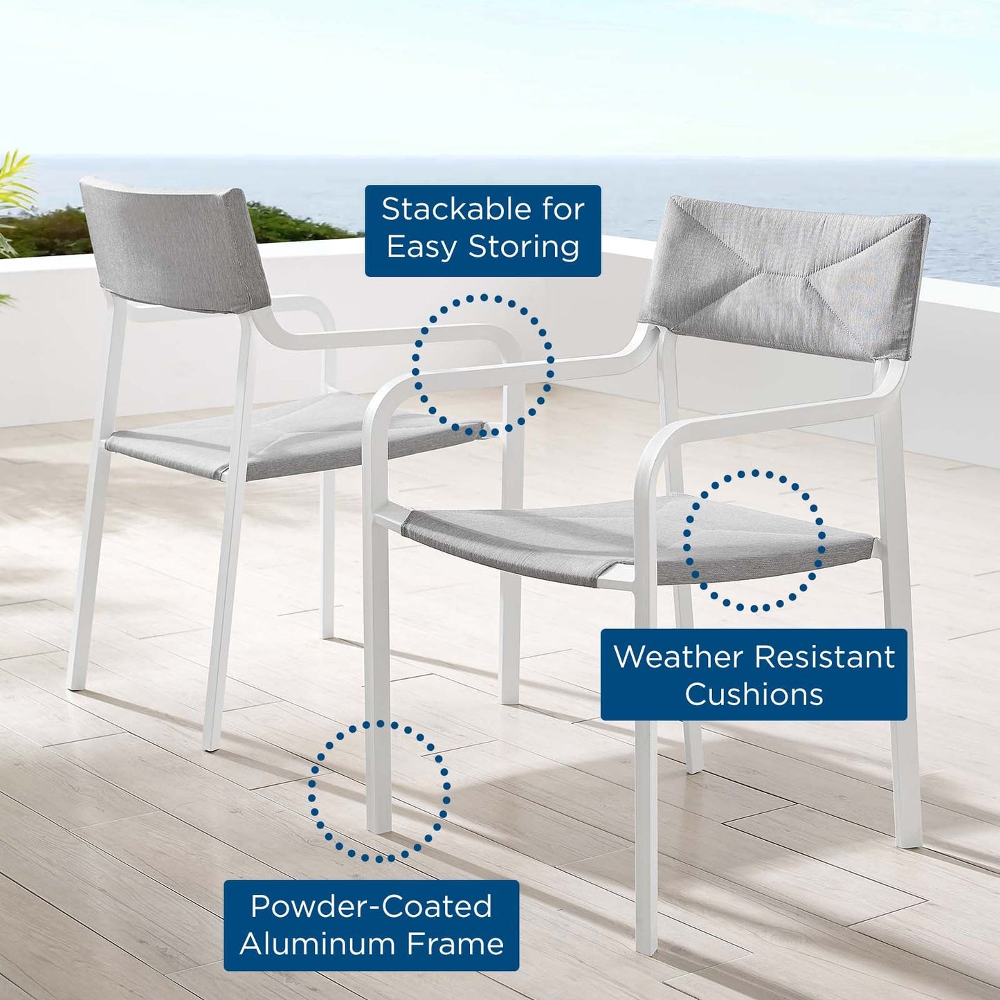 Raleigh Outdoor Patio Aluminum Armchair Set of 2 White Gray EEI-3962-WHI-GRY