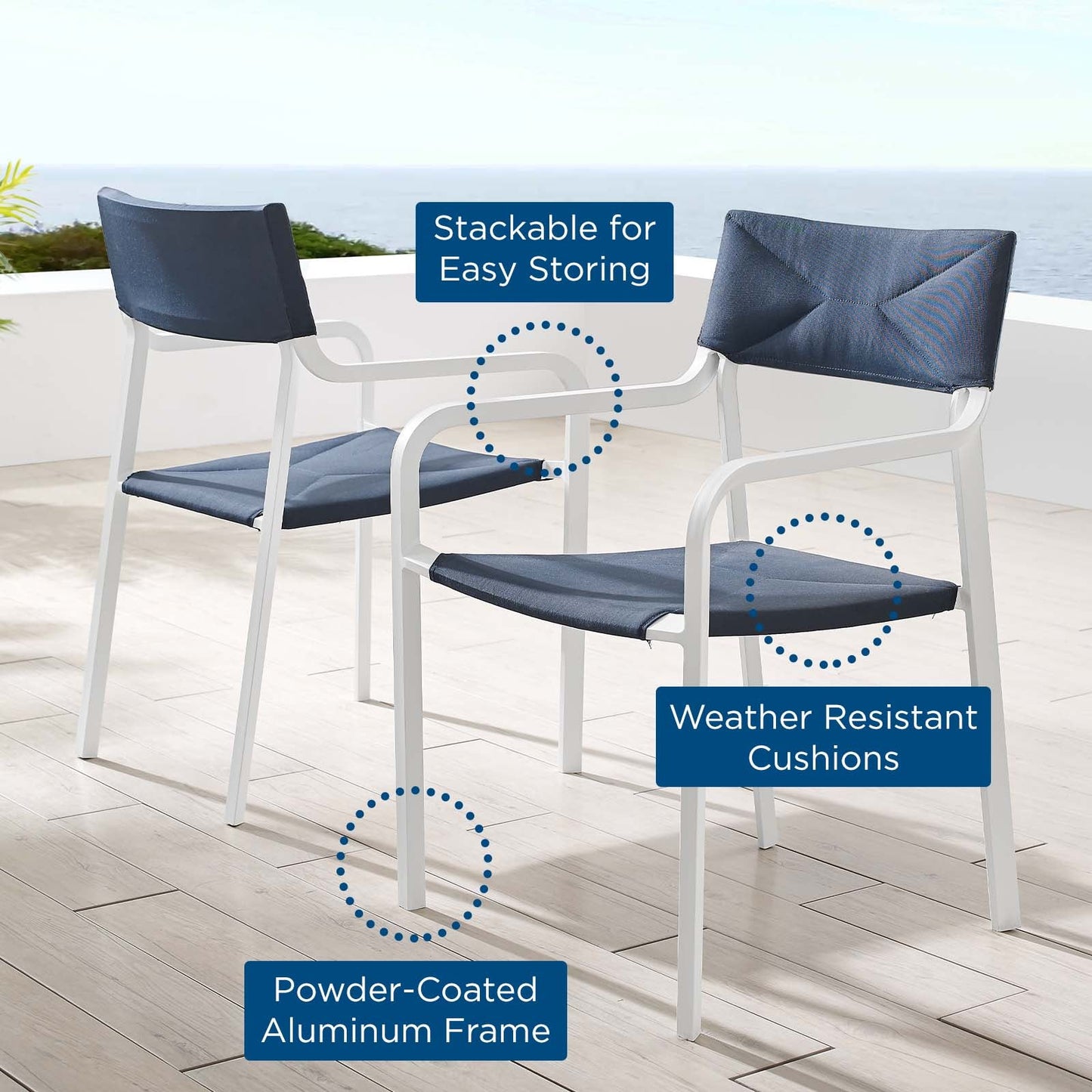 Raleigh Outdoor Patio Aluminum Armchair Set of 2 White Navy EEI-3962-WHI-NAV