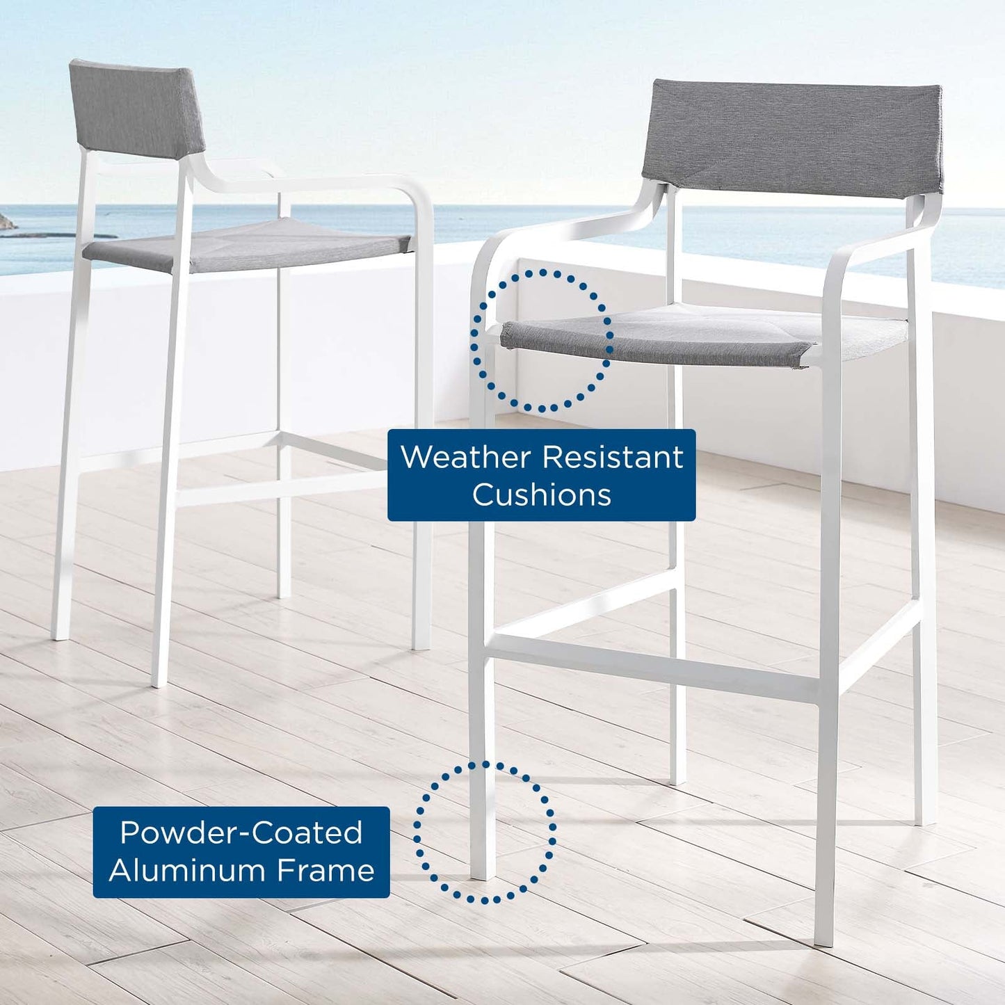 Raleigh Outdoor Patio Aluminum Bar Stool Set of 2 White Gray EEI-3963-WHI-GRY