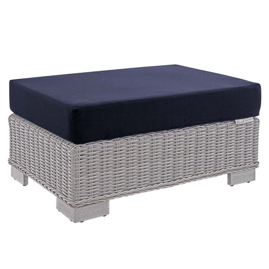 Conway Sunbrella® Outdoor Patio Wicker Rattan Ottoman Light Gray Navy EEI-3971-LGR-NAV