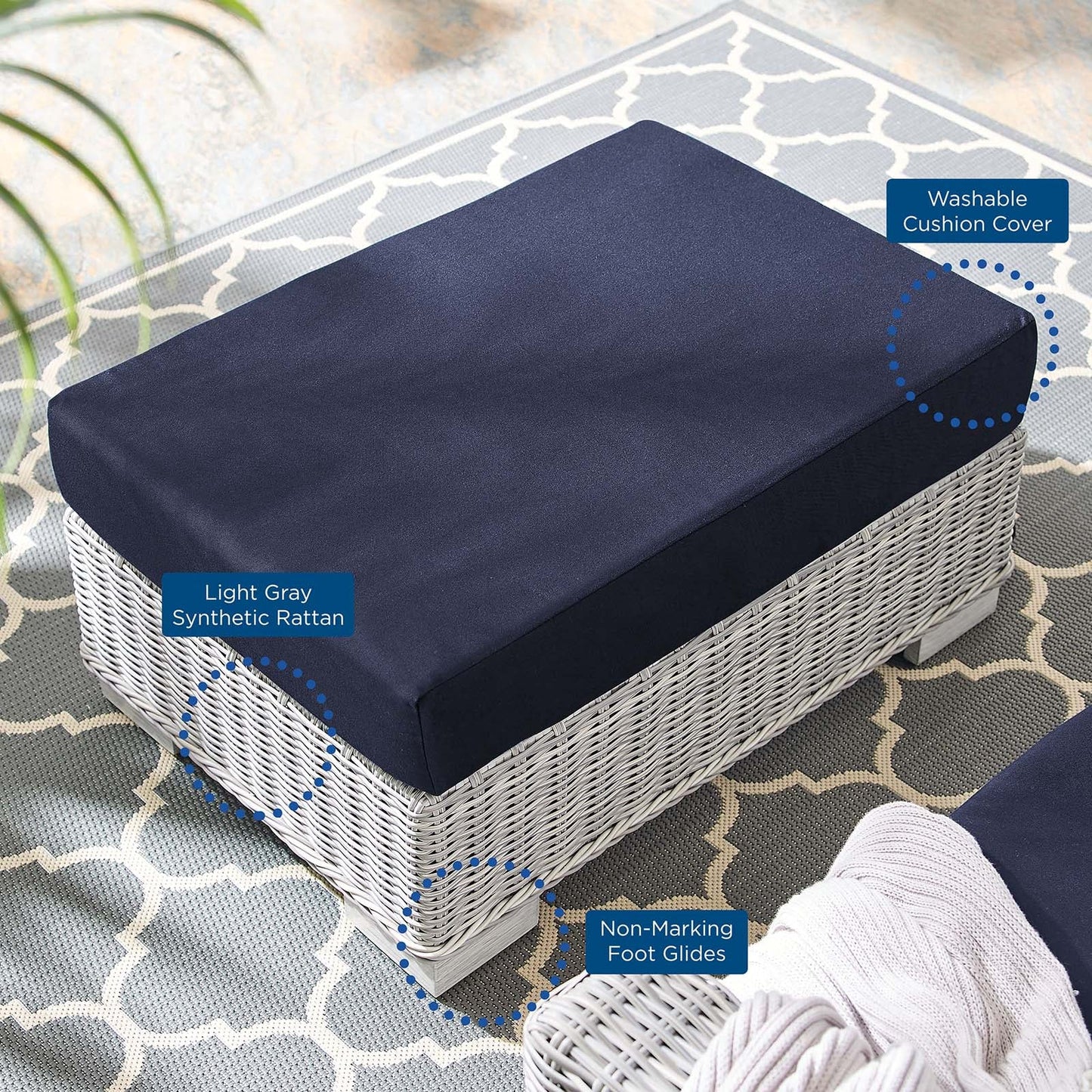 Conway Sunbrella® Outdoor Patio Wicker Rattan Ottoman Light Gray Navy EEI-3971-LGR-NAV