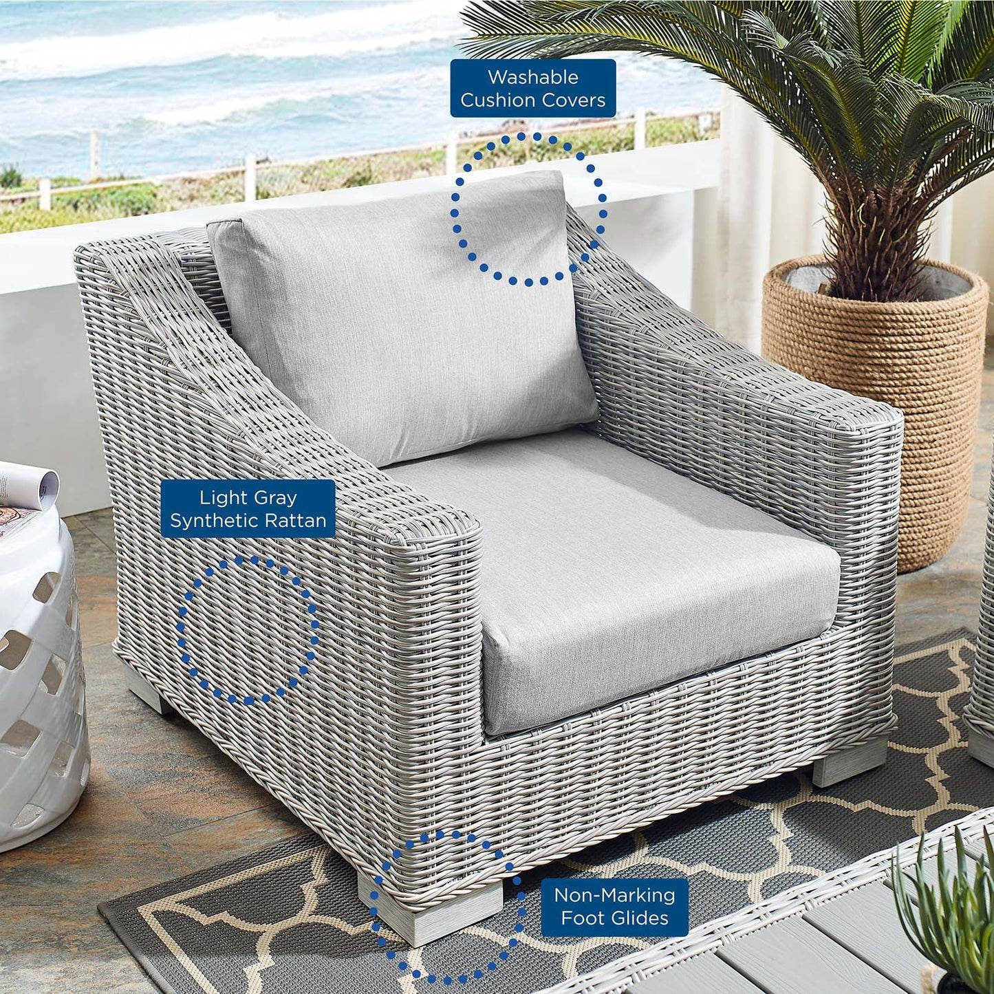 Conway Sunbrella® Outdoor Patio Wicker Rattan Armchair Light Gray Gray EEI-3972-LGR-GRY