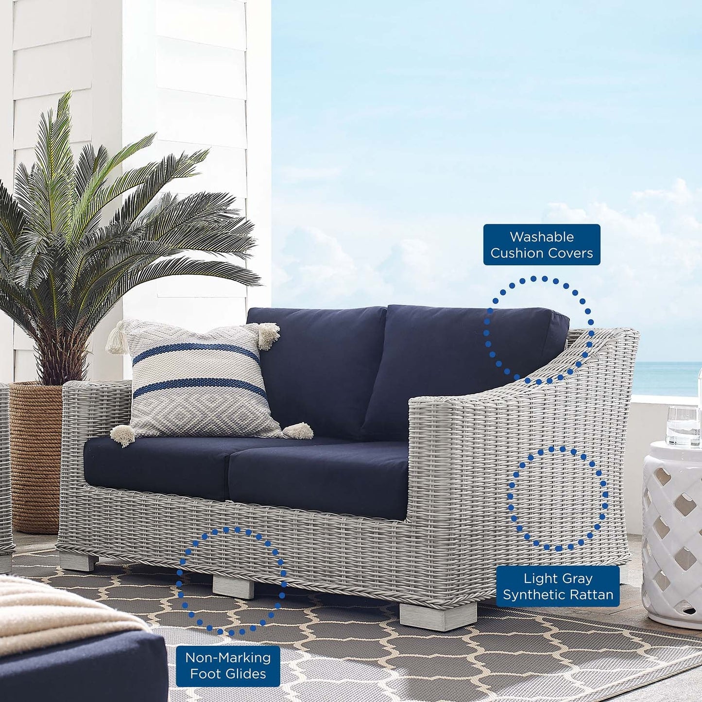 Conway Sunbrella® Outdoor Patio Wicker Rattan Loveseat Light Gray Navy EEI-3973-LGR-NAV