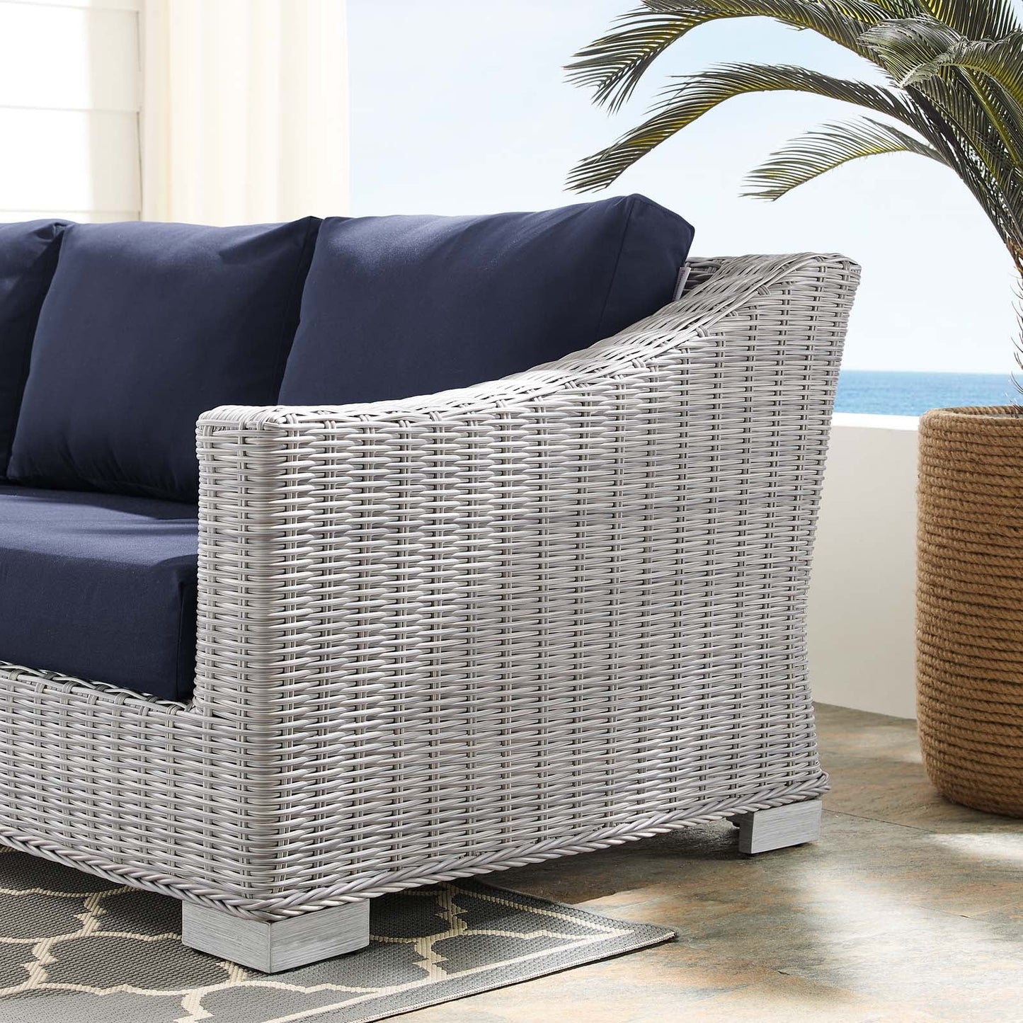 Conway Sunbrella® Outdoor Patio Wicker Rattan Sofa Light Gray Navy EEI-3974-LGR-NAV