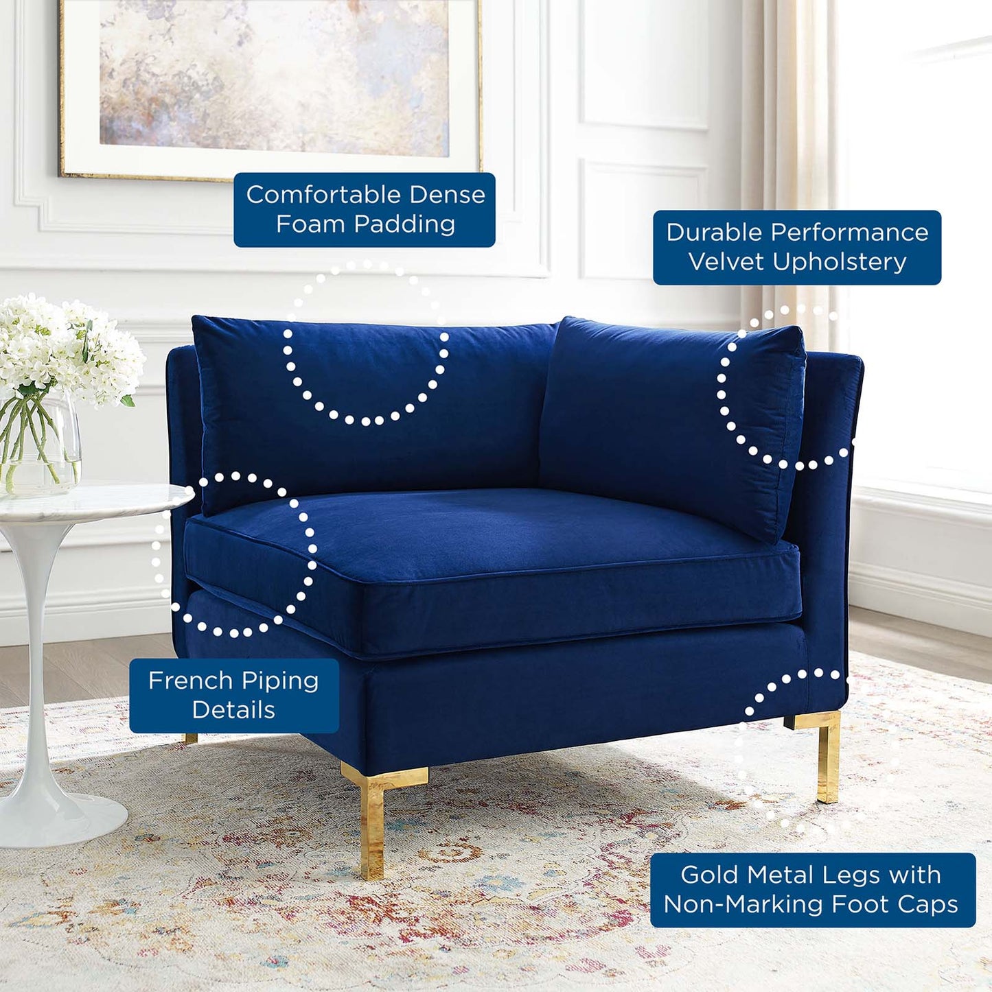 Ardent Performance Velvet Sectional Sofa Corner Chair Navy EEI-3985-NAV