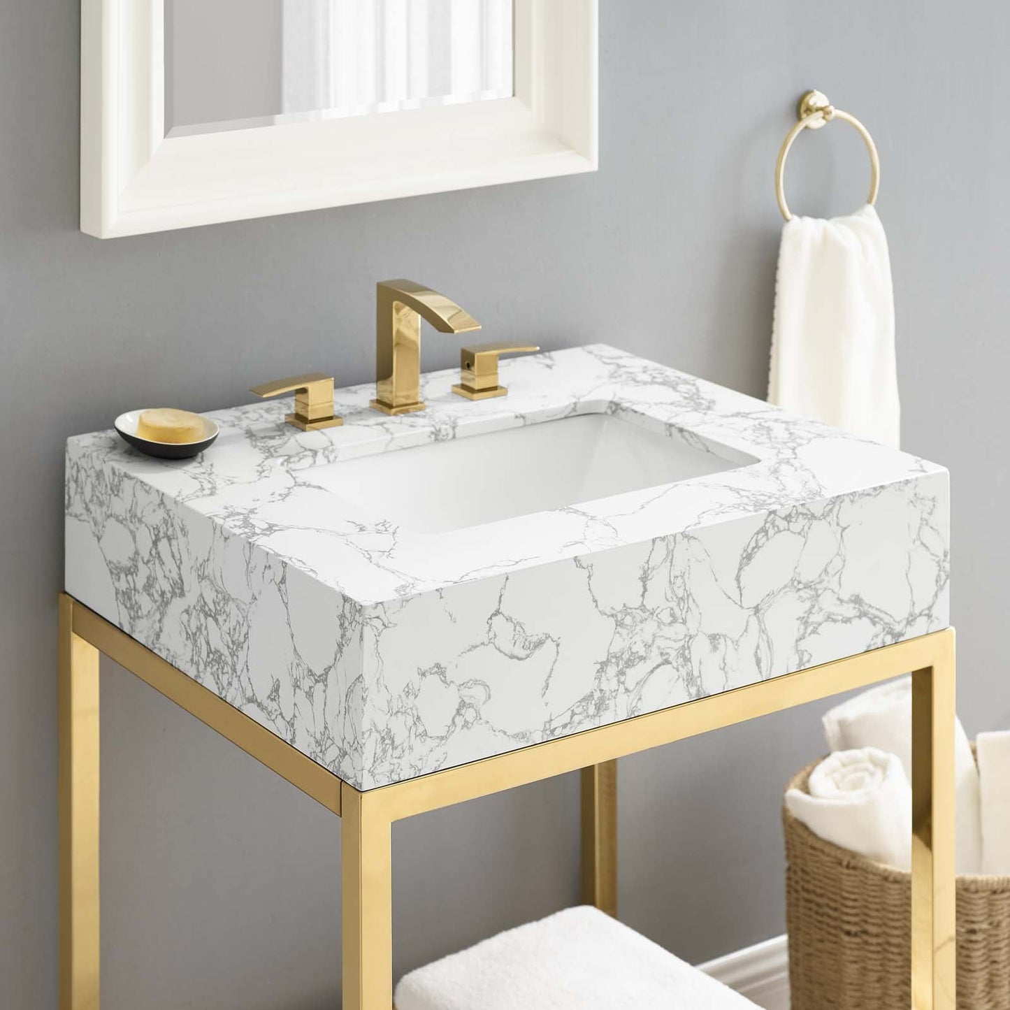 Kingsley 26" Gold Stainless Steel Bathroom Vanity Gold White EEI-3995-GLD-WHI