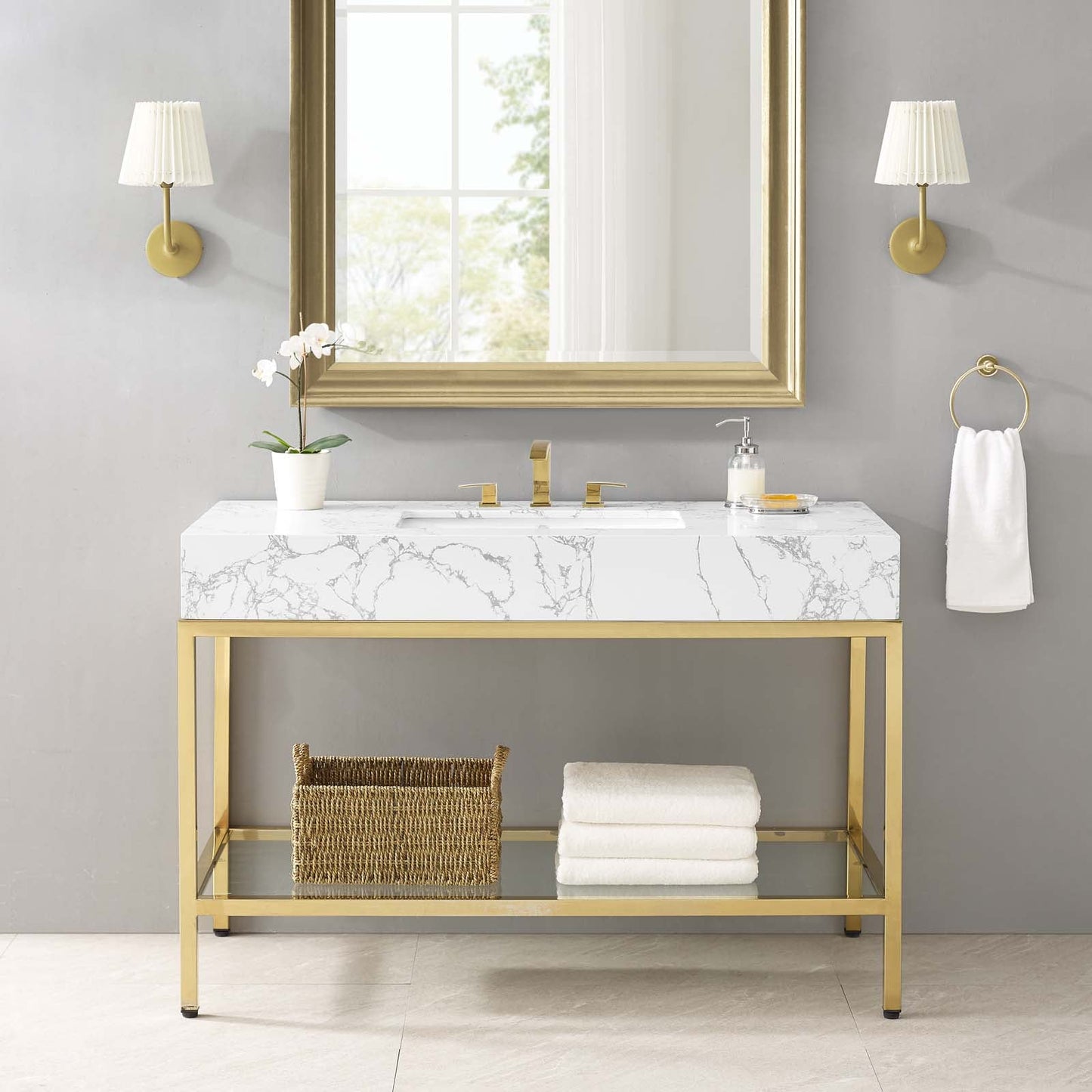 Kingsley 50" Gold Stainless Steel Bathroom Vanity Gold White EEI-3999-GLD-WHI