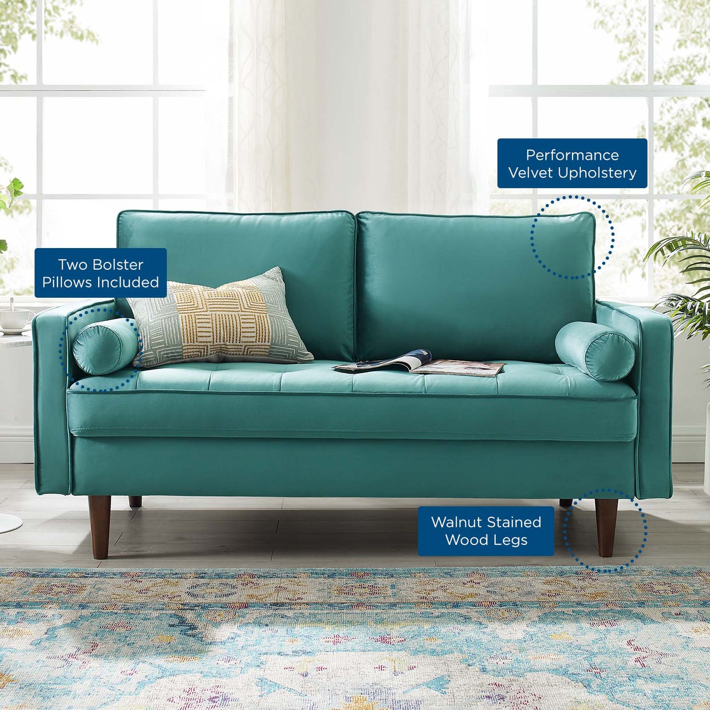 Valour Performance Velvet Loveseat Teal EEI-4004-TEA