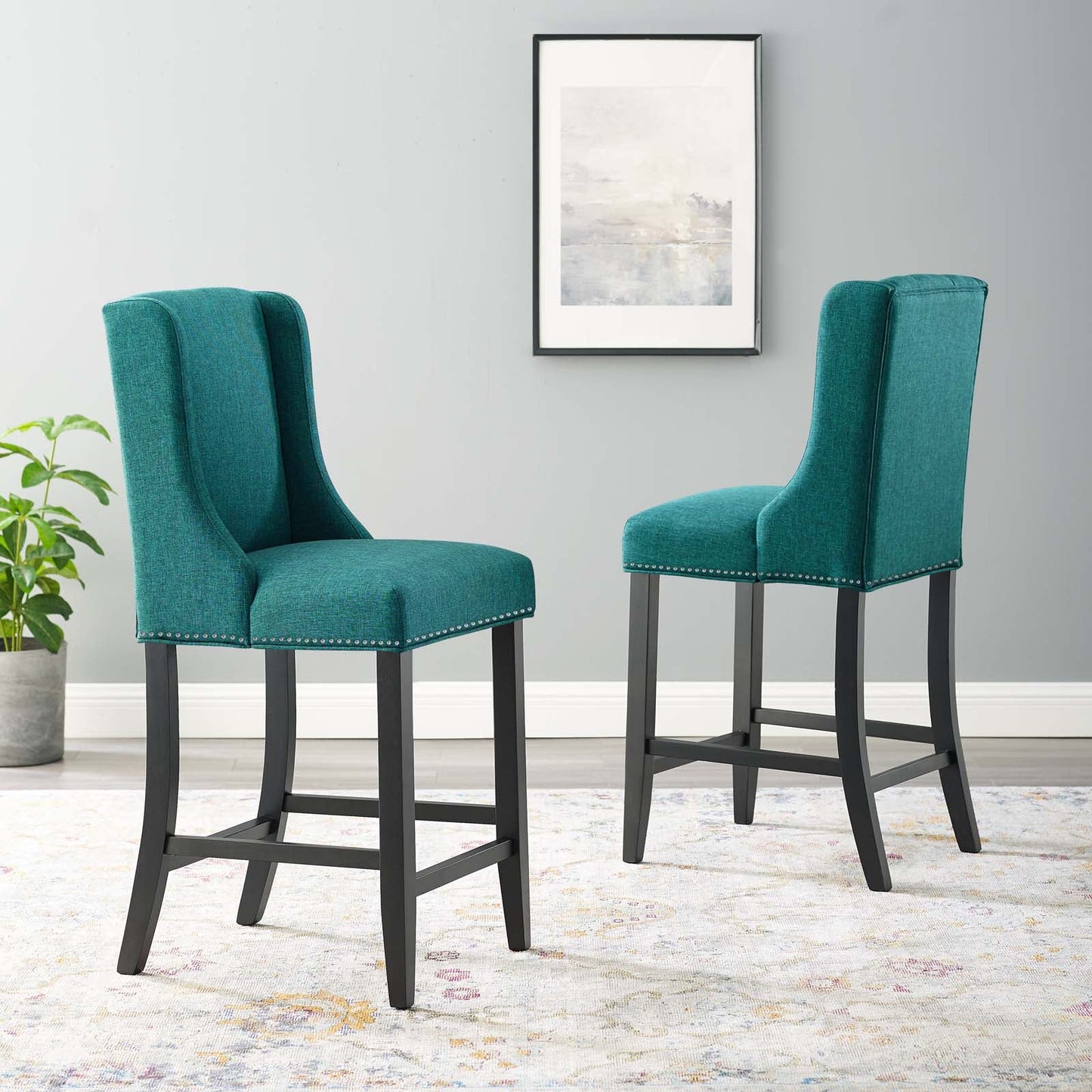 Baron Counter Stool Upholstered Fabric Set of 2 Teal EEI-4016-TEA