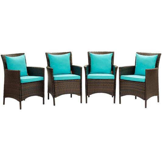 Conduit Outdoor Patio Wicker Rattan Dining Armchair Set of 4 Brown Turquoise EEI-4031-BRN-TRQ