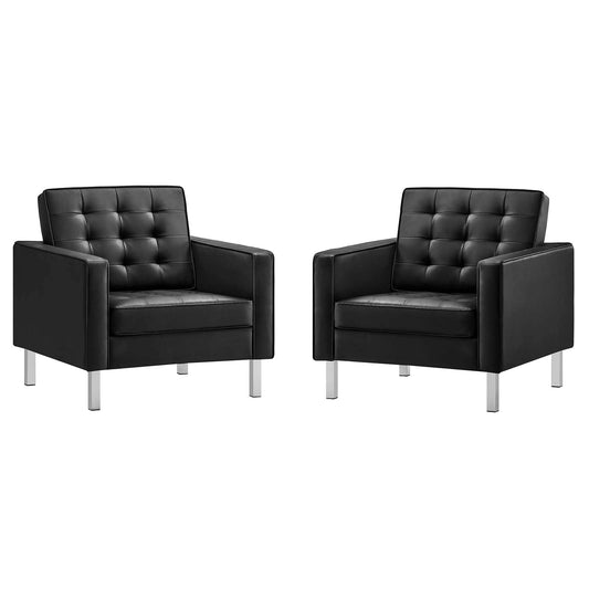 Loft Tufted Vegan Leather Armchairs - Set of 2 Silver Black EEI-4101-SLV-BLK