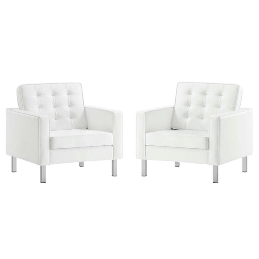 Loft Tufted Vegan Leather Armchairs - Set of 2 Silver White EEI-4101-SLV-WHI