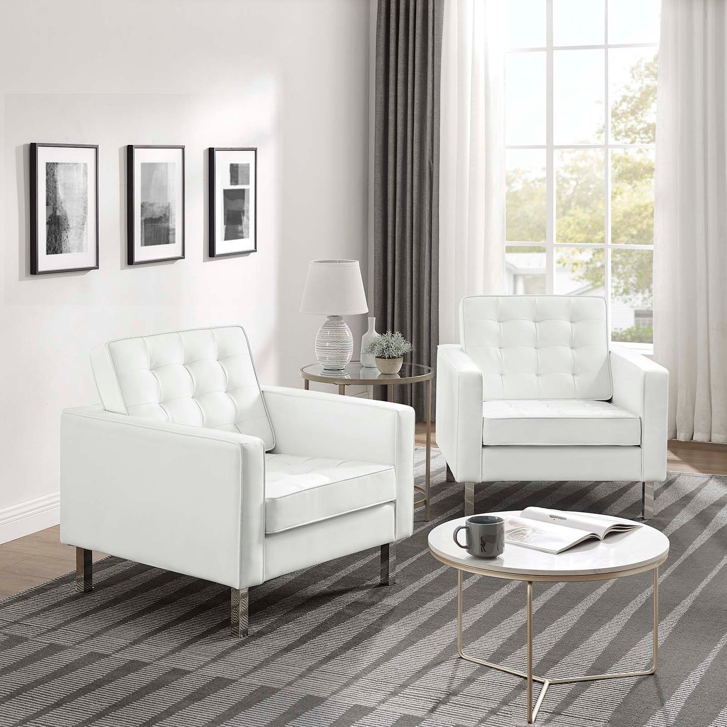 Loft Tufted Vegan Leather Armchairs - Set of 2 Silver White EEI-4101-SLV-WHI