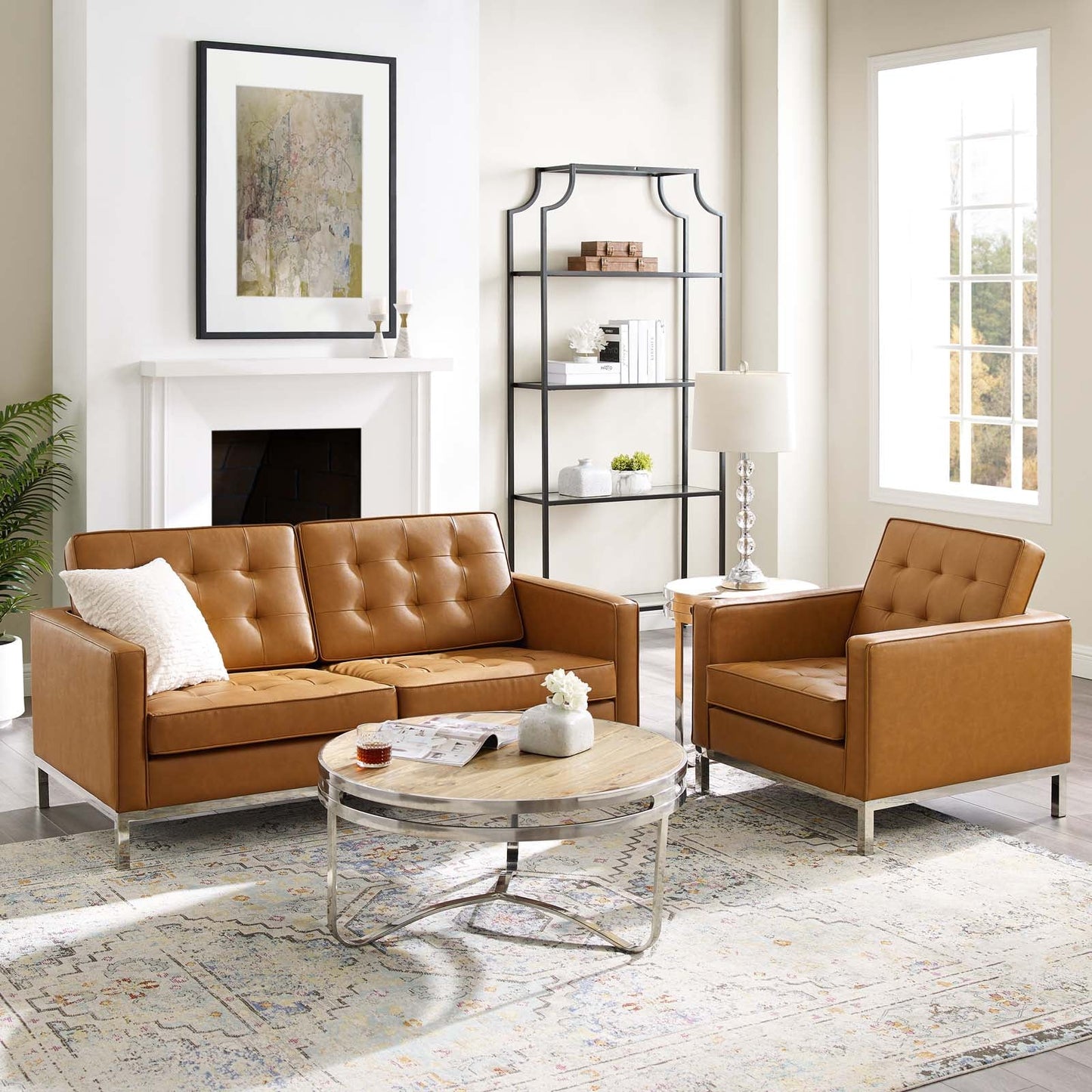 Loft Tufted Upholstered Faux Leather Loveseat and Armchair Set Silver Tan EEI-4102-SLV-TAN-SET