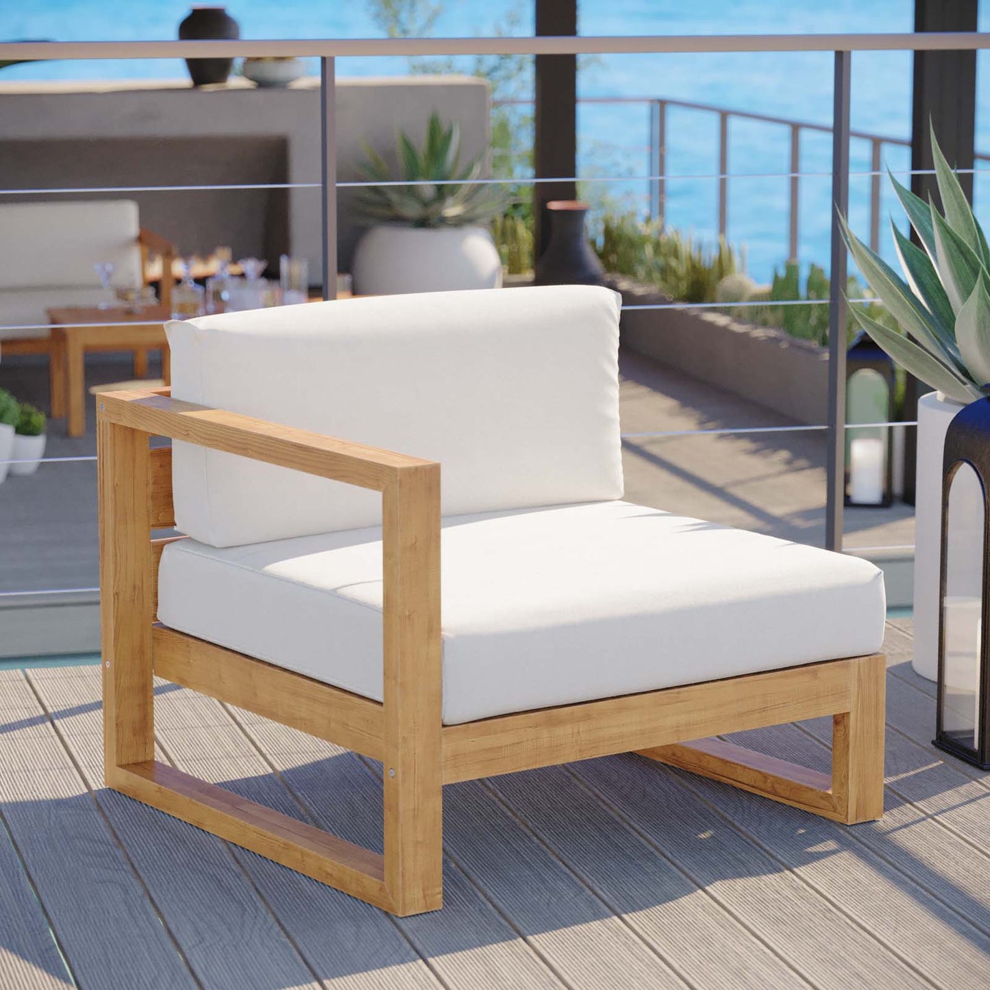 Upland Outdoor Patio Teak Wood Left-Arm Chair Natural White EEI-4124-NAT-WHI