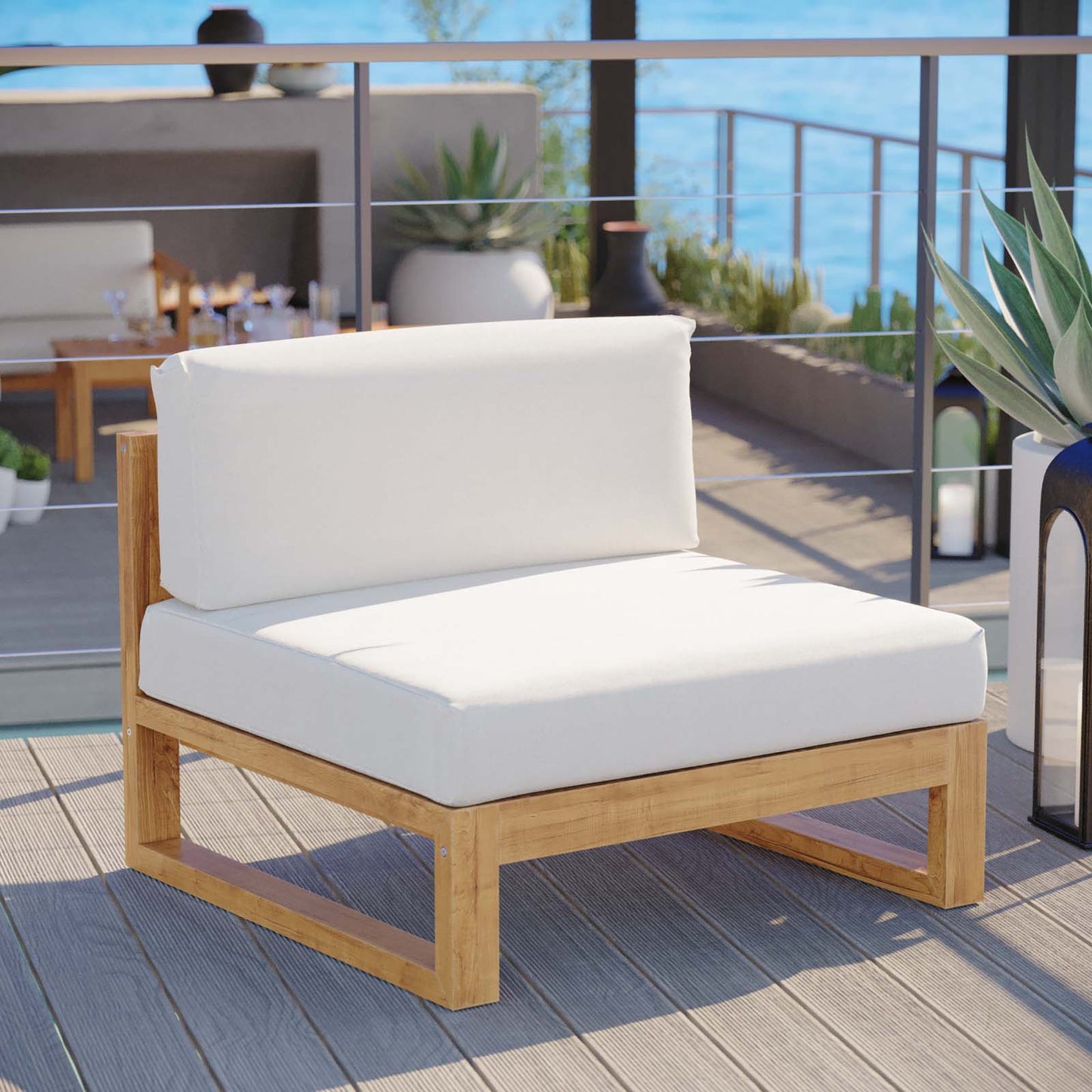 Upland Outdoor Patio Teak Wood Armless Chair Natural White EEI-4125-NAT-WHI