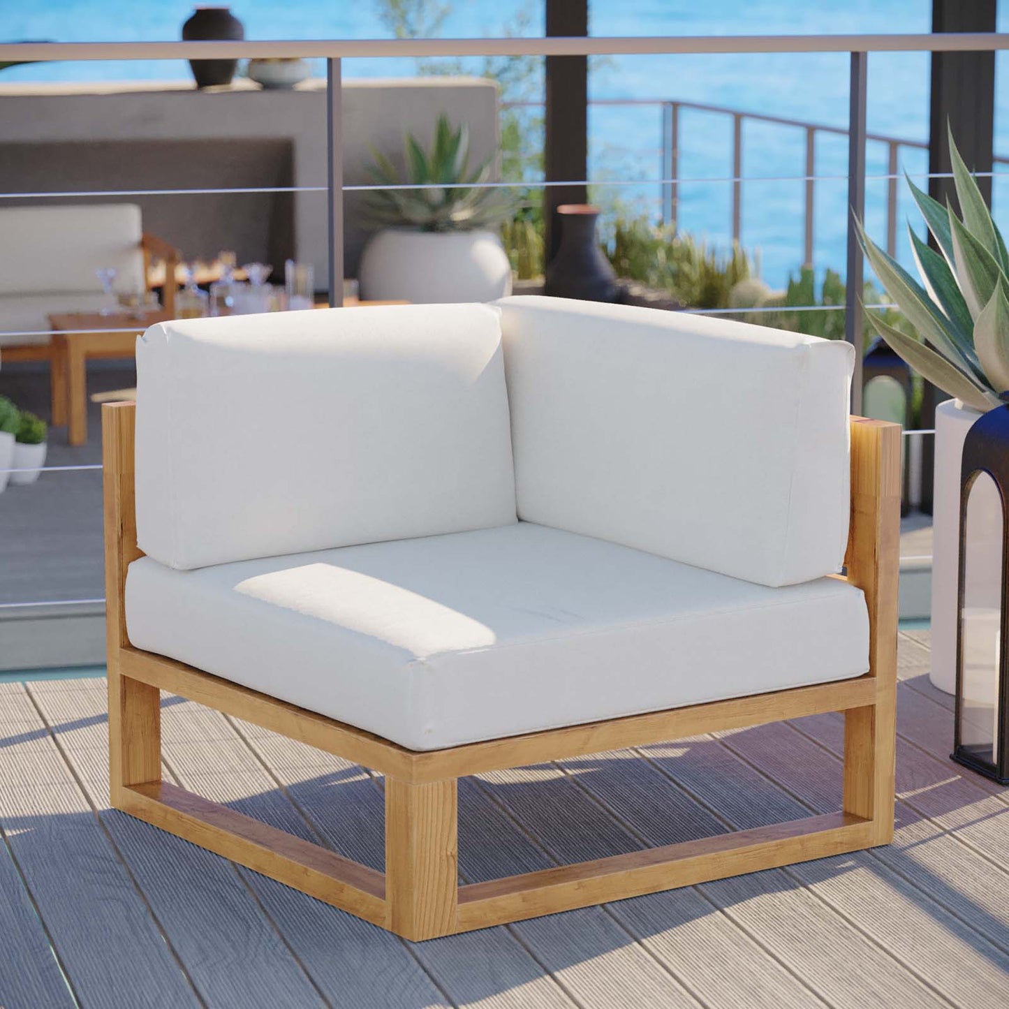 Upland Outdoor Patio Teak Wood Corner Chair Natural White EEI-4126-NAT-WHI