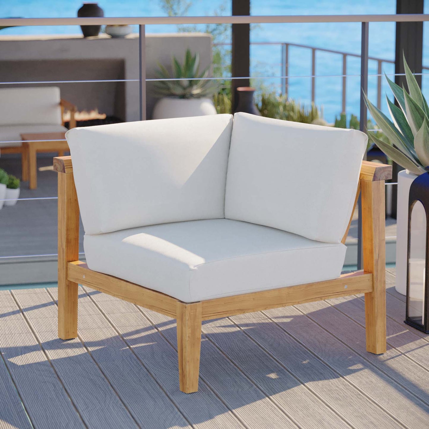 Bayport Outdoor Patio Teak Wood Corner Chair Natural White EEI-4127-NAT-WHI