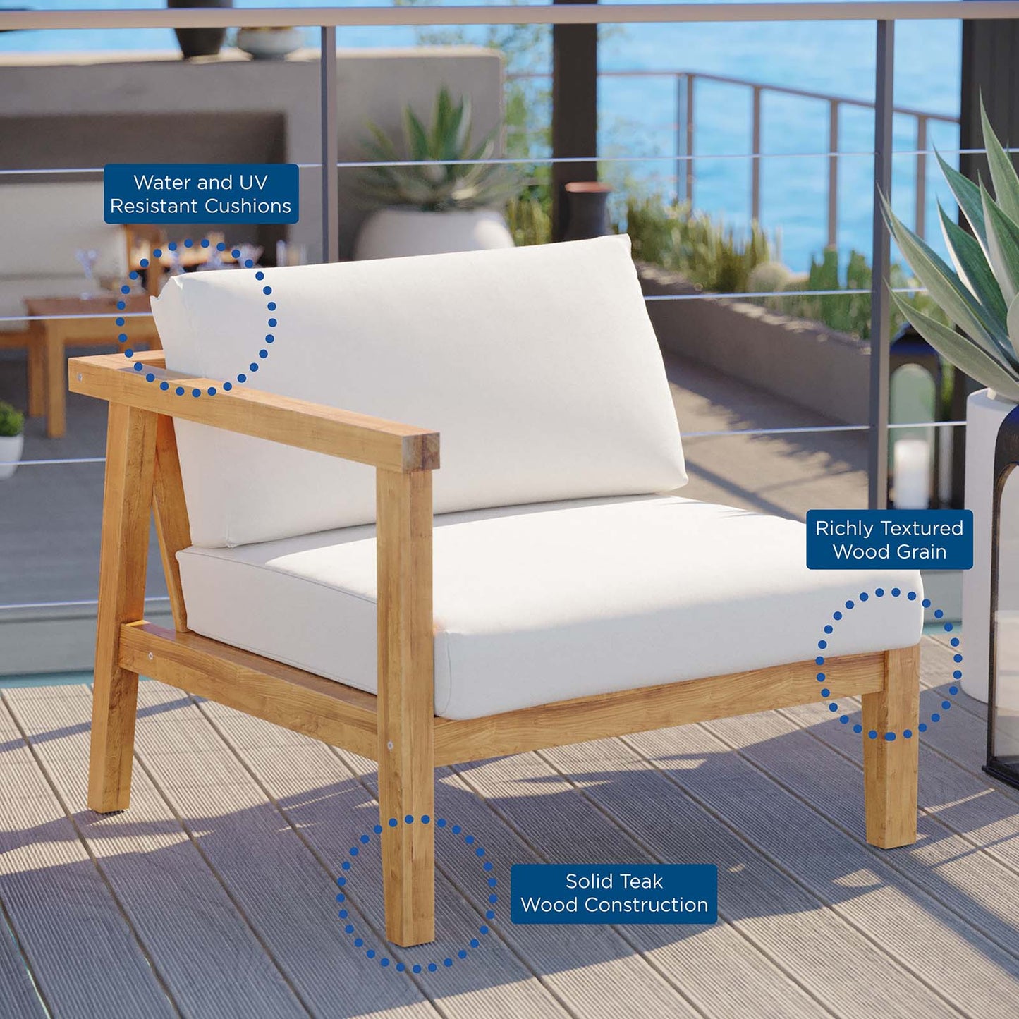 Bayport Outdoor Patio Teak Wood Left-Arm Chair Natural White EEI-4128-NAT-WHI