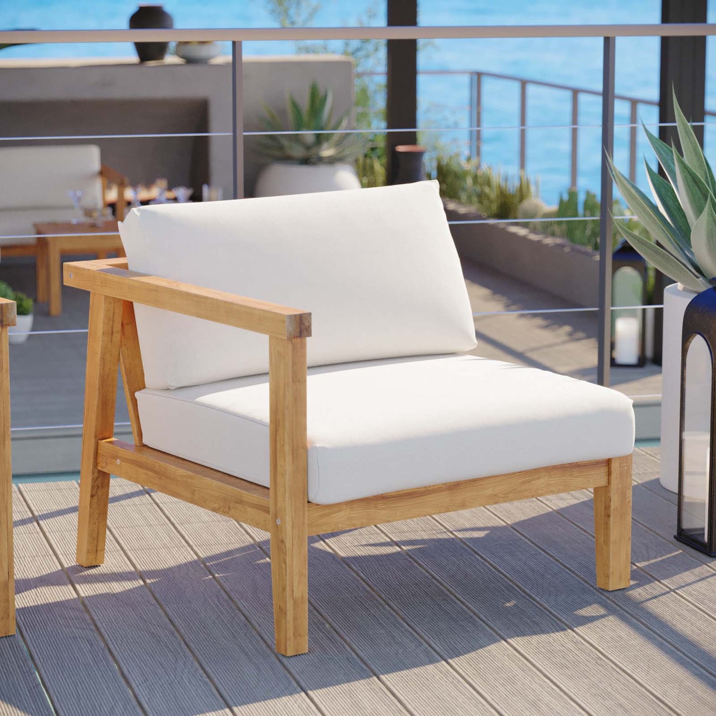 Bayport Outdoor Patio Teak Wood Left-Arm Chair Natural White EEI-4128-NAT-WHI