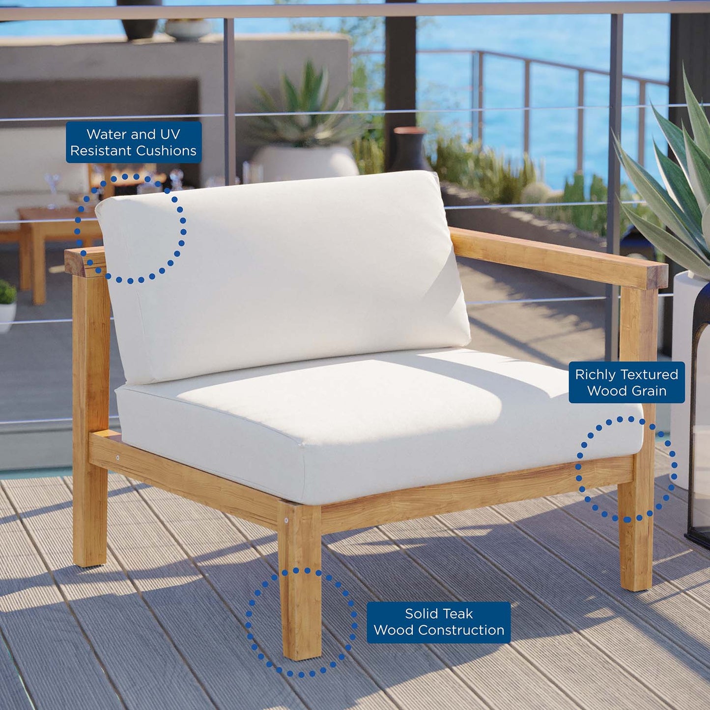 Bayport Outdoor Patio Teak Wood Right-Arm Chair Natural White EEI-4129-NAT-WHI