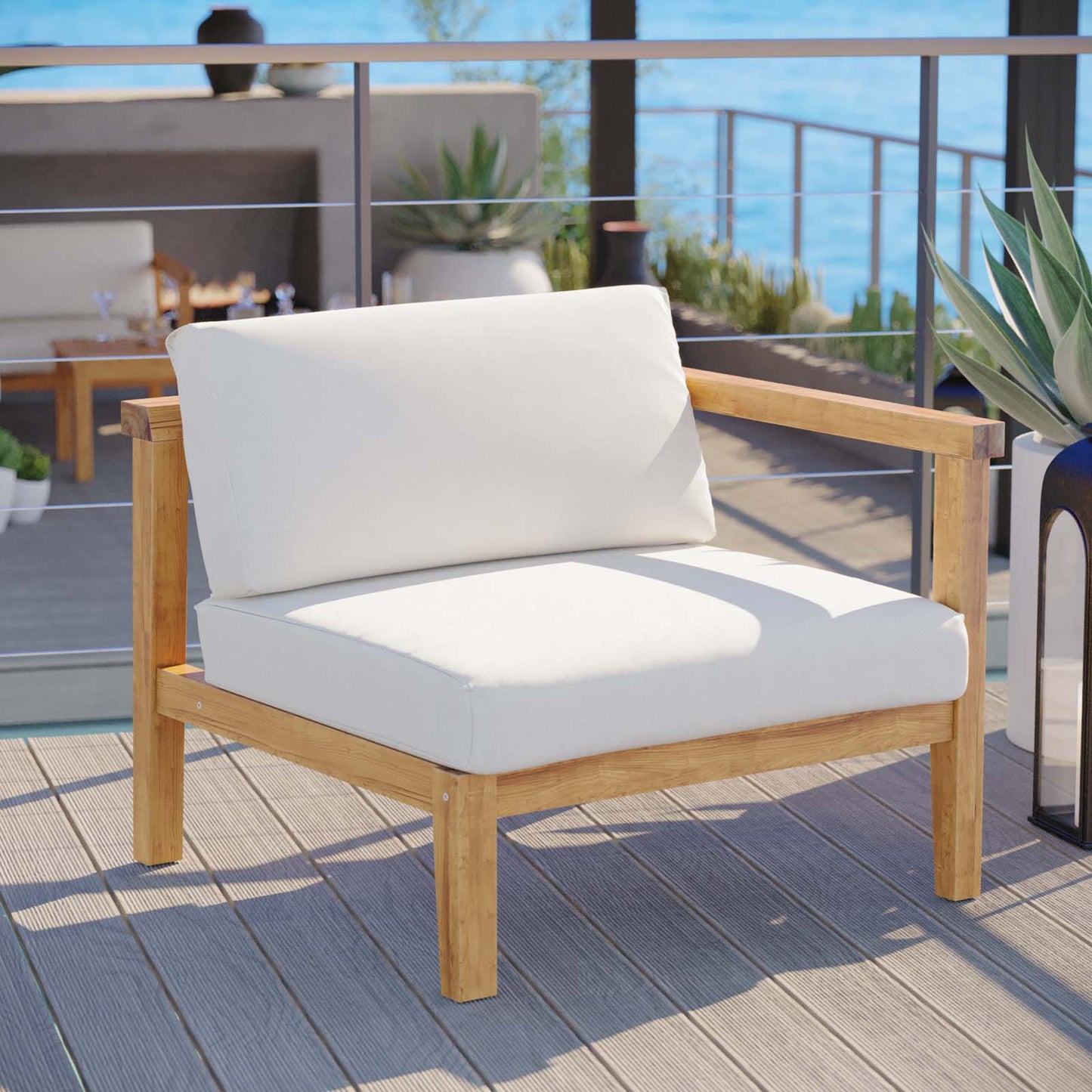 Bayport Outdoor Patio Teak Wood Right-Arm Chair Natural White EEI-4129-NAT-WHI