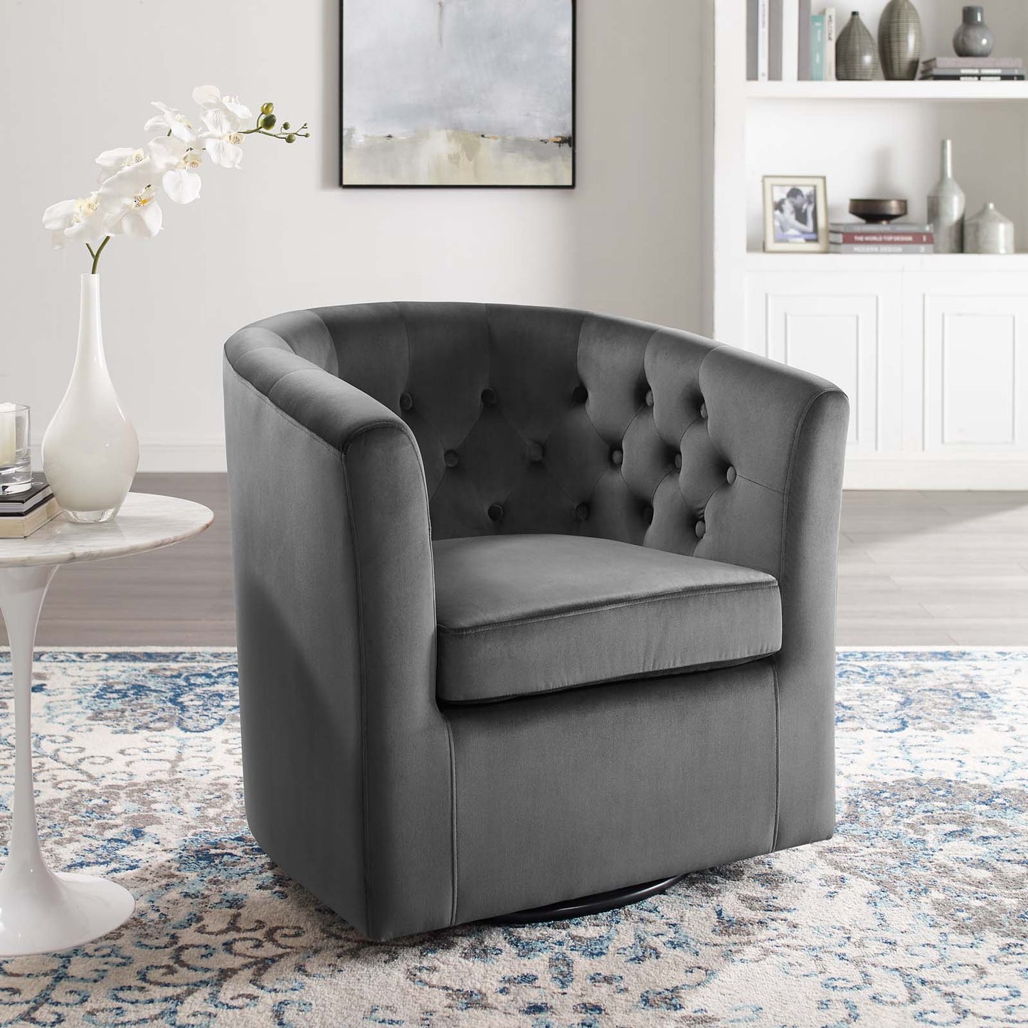 Prospect Tufted Performance Velvet Swivel Armchair Charcoal EEI-4138-CHA