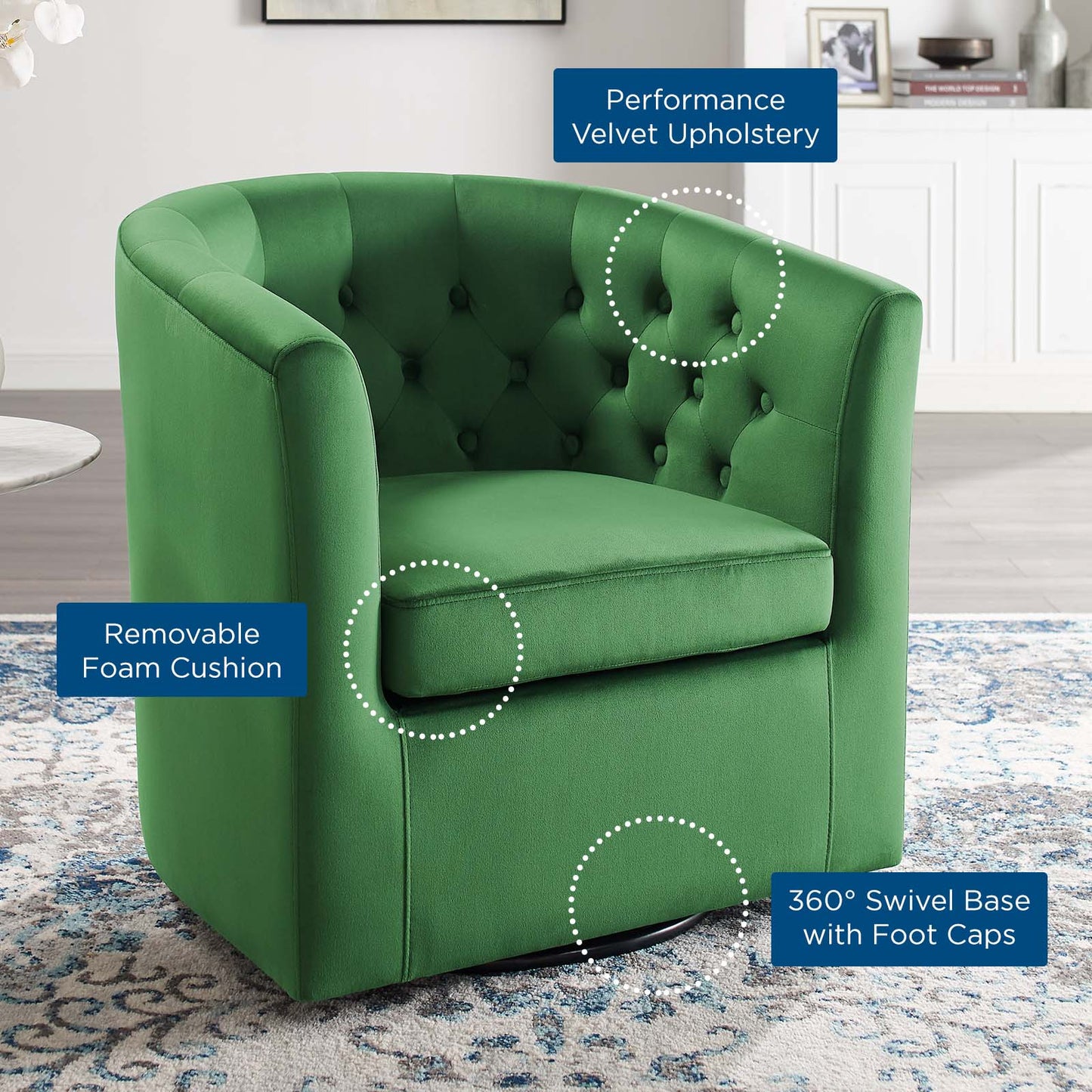 Prospect Tufted Performance Velvet Swivel Armchair Emerald EEI-4138-EME