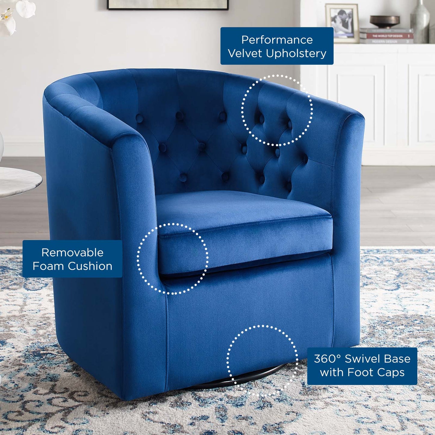 Prospect Tufted Performance Velvet Swivel Armchair Navy EEI-4138-NAV