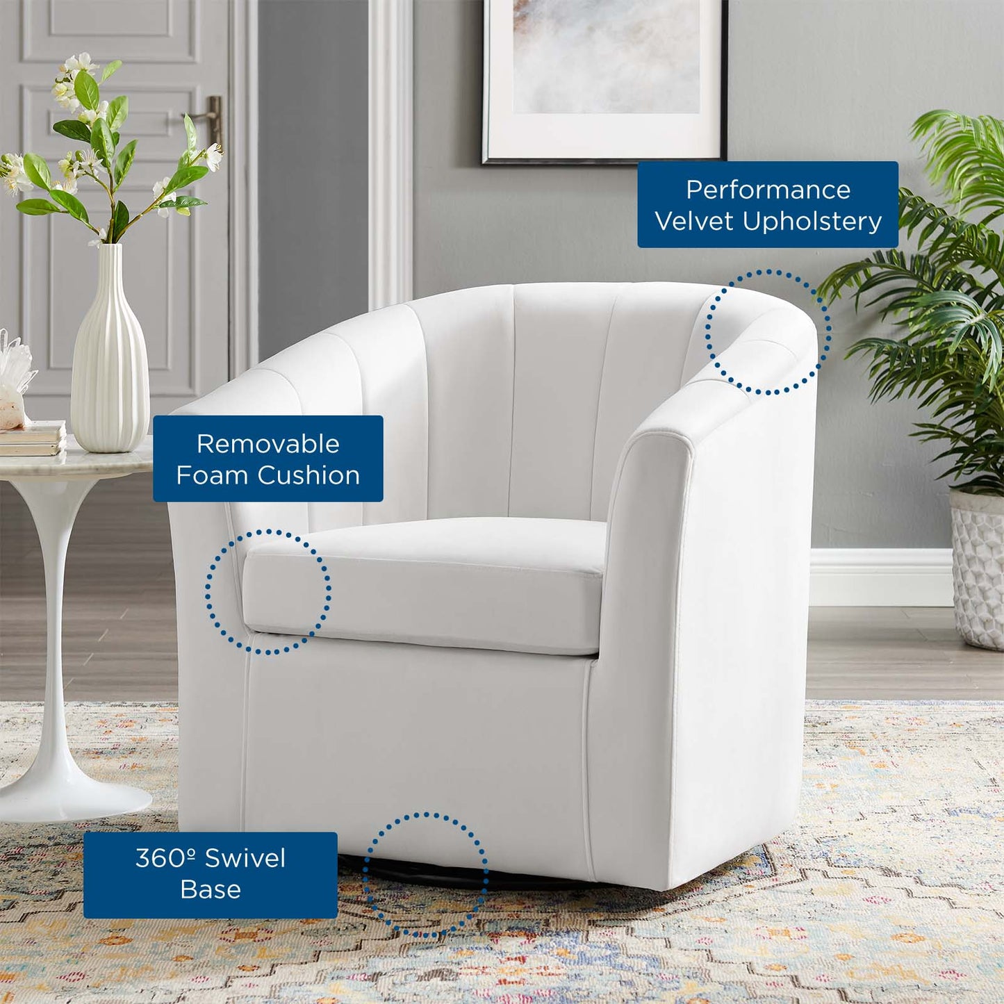 Prospect Performance Velvet Swivel Armchair White EEI-4139-WHI