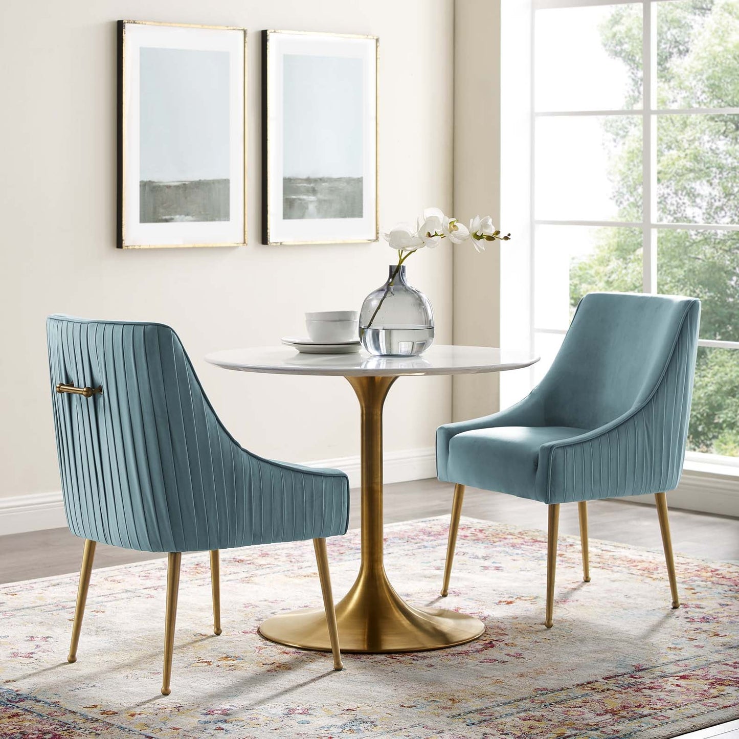 Discern Pleated Back Upholstered Performance Velvet Dining Chair Set of 2 Light Blue EEI-4149-LBU