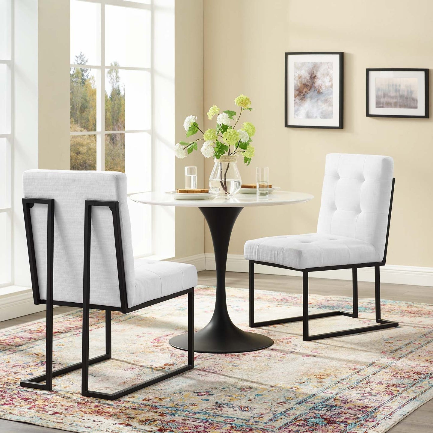 Privy Black Stainless Steel Upholstered Fabric Dining Chair Set of 2 Black White EEI-4153-BLK-WHI