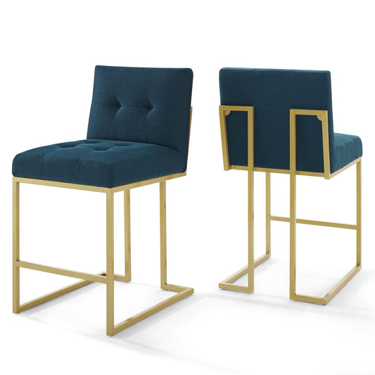 Privy Gold Stainless Steel Upholstered Fabric Counter Stool Set of 2 Gold Azure EEI-4154-GLD-AZU