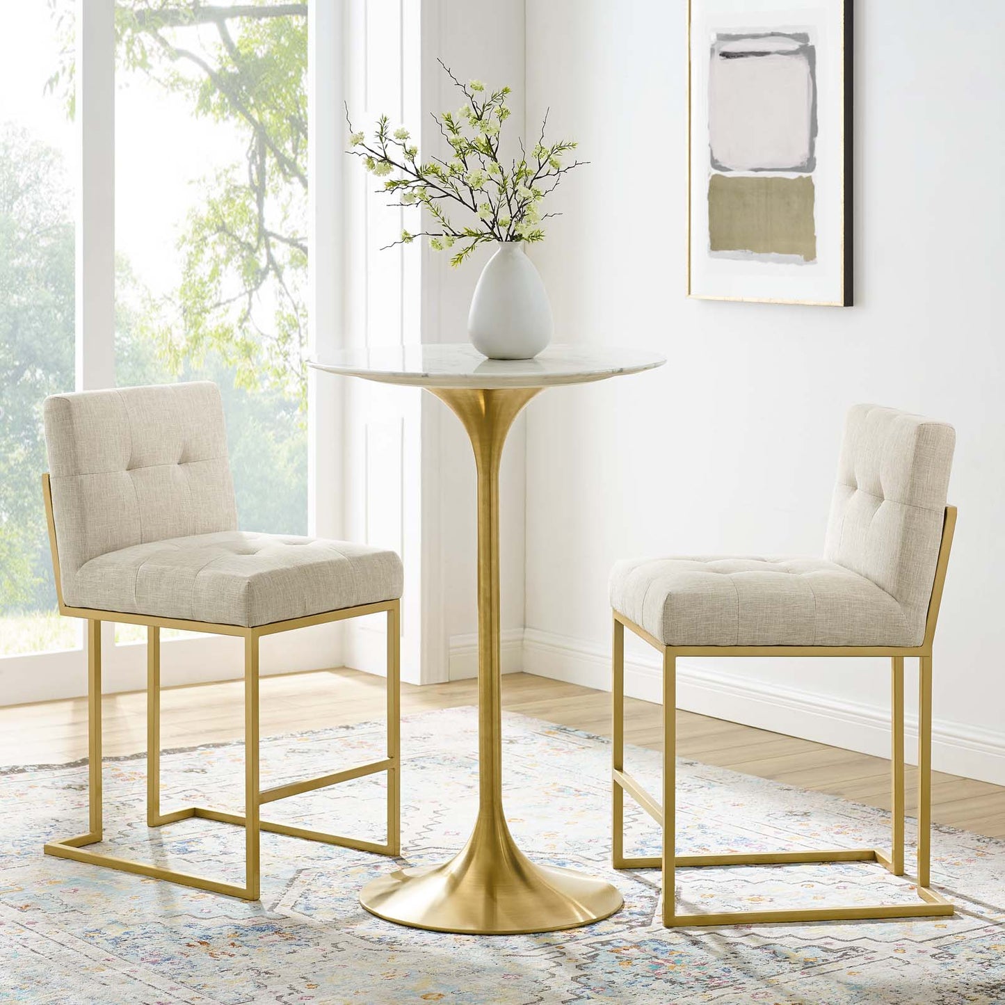 Privy Gold Stainless Steel Upholstered Fabric Counter Stool Set of 2 Gold Beige EEI-4154-GLD-BEI