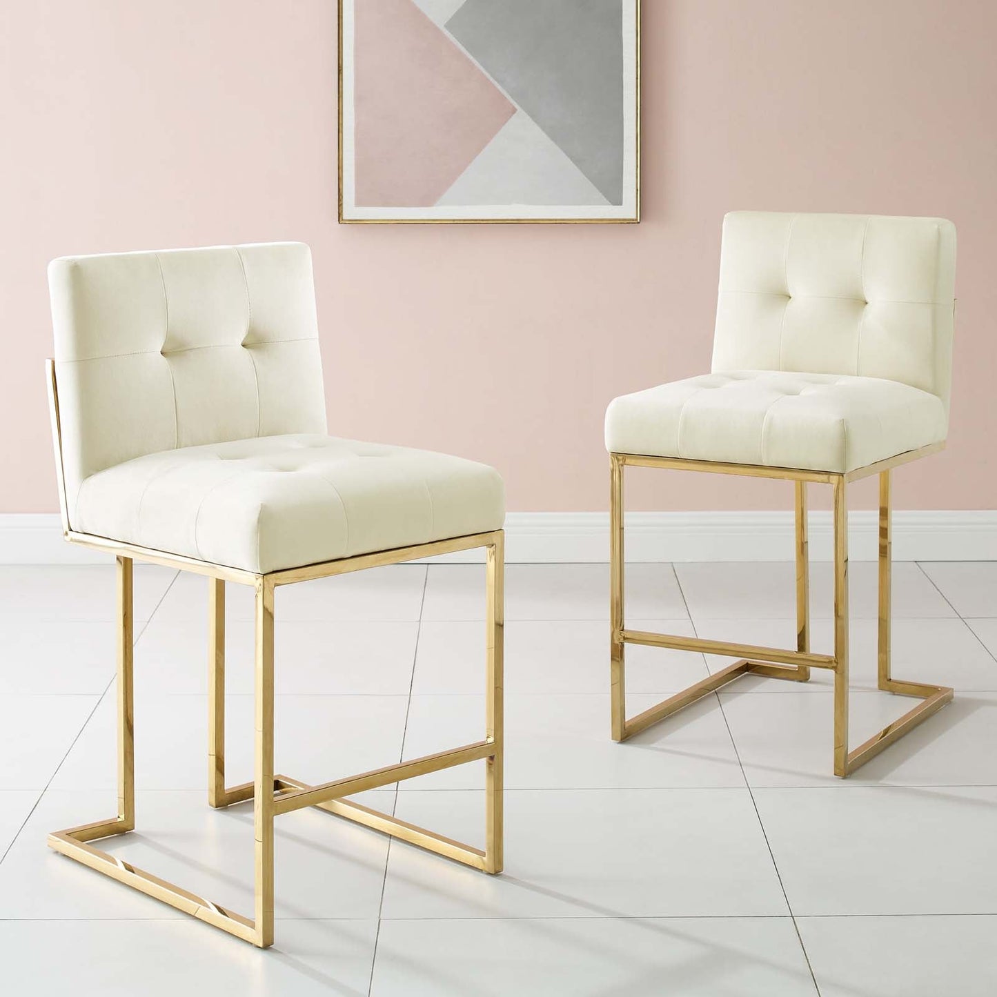 Privy Gold Stainless Steel Performance Velvet Counter Stool Set of 2 Gold Ivory EEI-4155-GLD-IVO