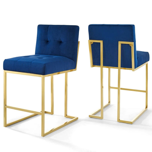 Privy Gold Stainless Steel Performance Velvet Counter Stool Set of 2 Gold Navy EEI-4155-GLD-NAV