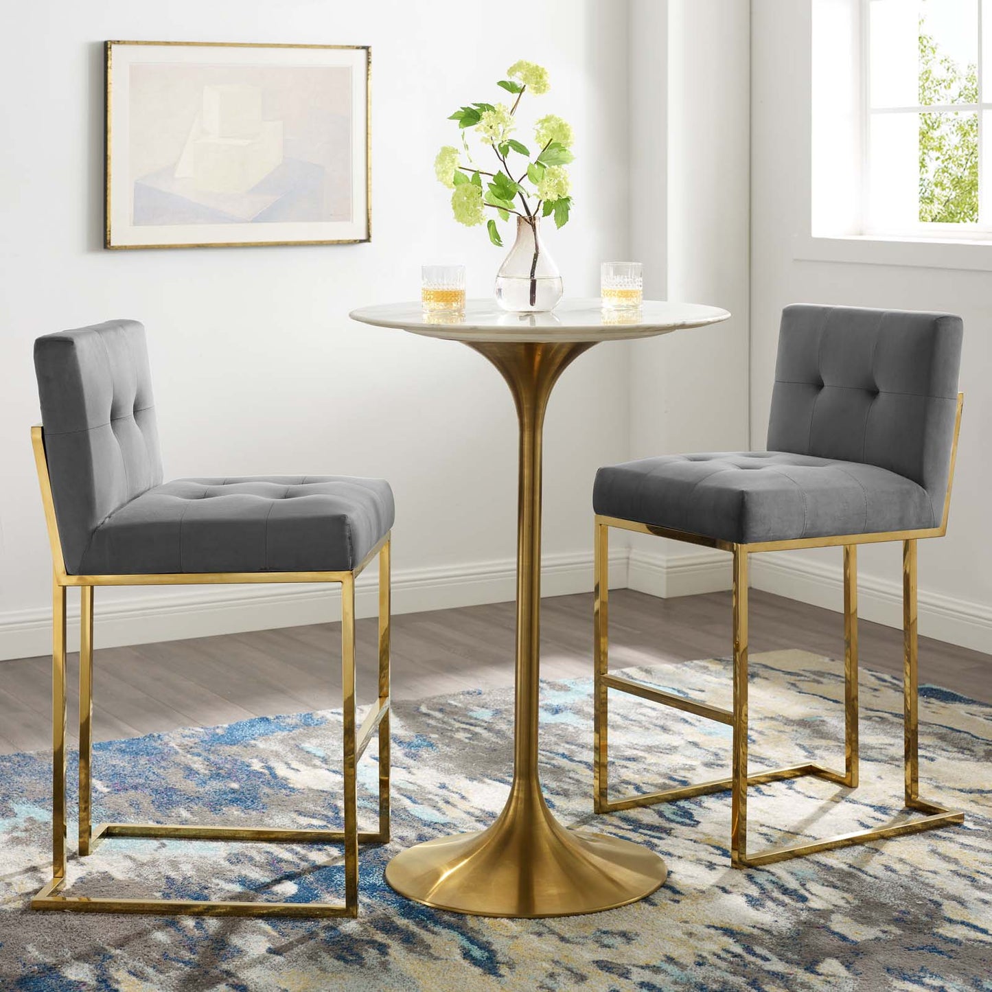 Privy Gold Stainless Steel Performance Velvet Bar Stool Set of 2 Gold Charcoal EEI-4158-GLD-CHA