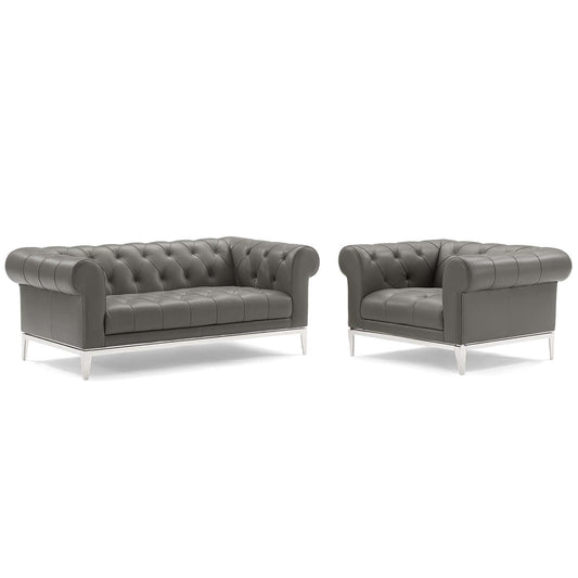 Idyll Tufted Upholstered Leather Loveseat and Armchair Gray EEI-4193-GRY-SET