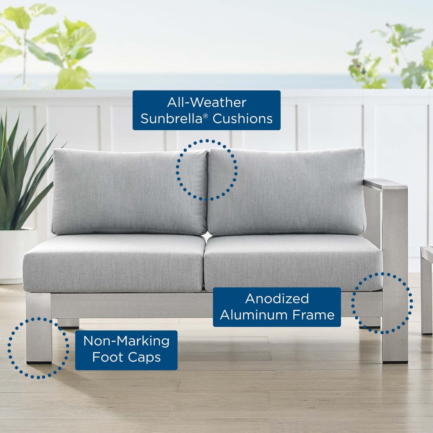 Shore Sunbrella® Fabric Aluminum Outdoor Patio Right-Arm Loveseat Silver Gray EEI-4222-SLV-GRY