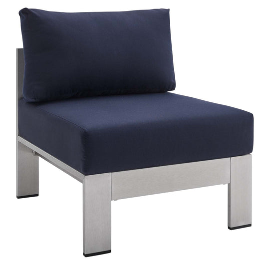 Shore Sunbrella® Fabric Aluminum Outdoor Patio Armless Chair Silver Navy EEI-4227-SLV-NAV