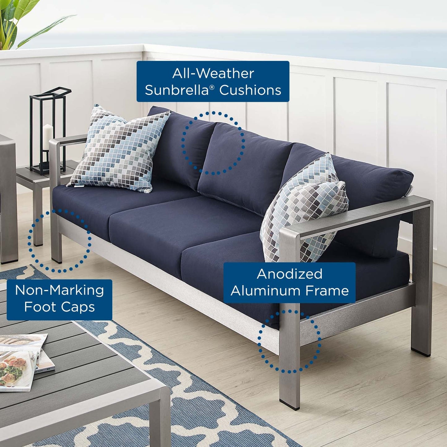 Shore Sunbrella® Fabric Aluminum Outdoor Patio Sofa Silver Navy EEI-4228-SLV-NAV