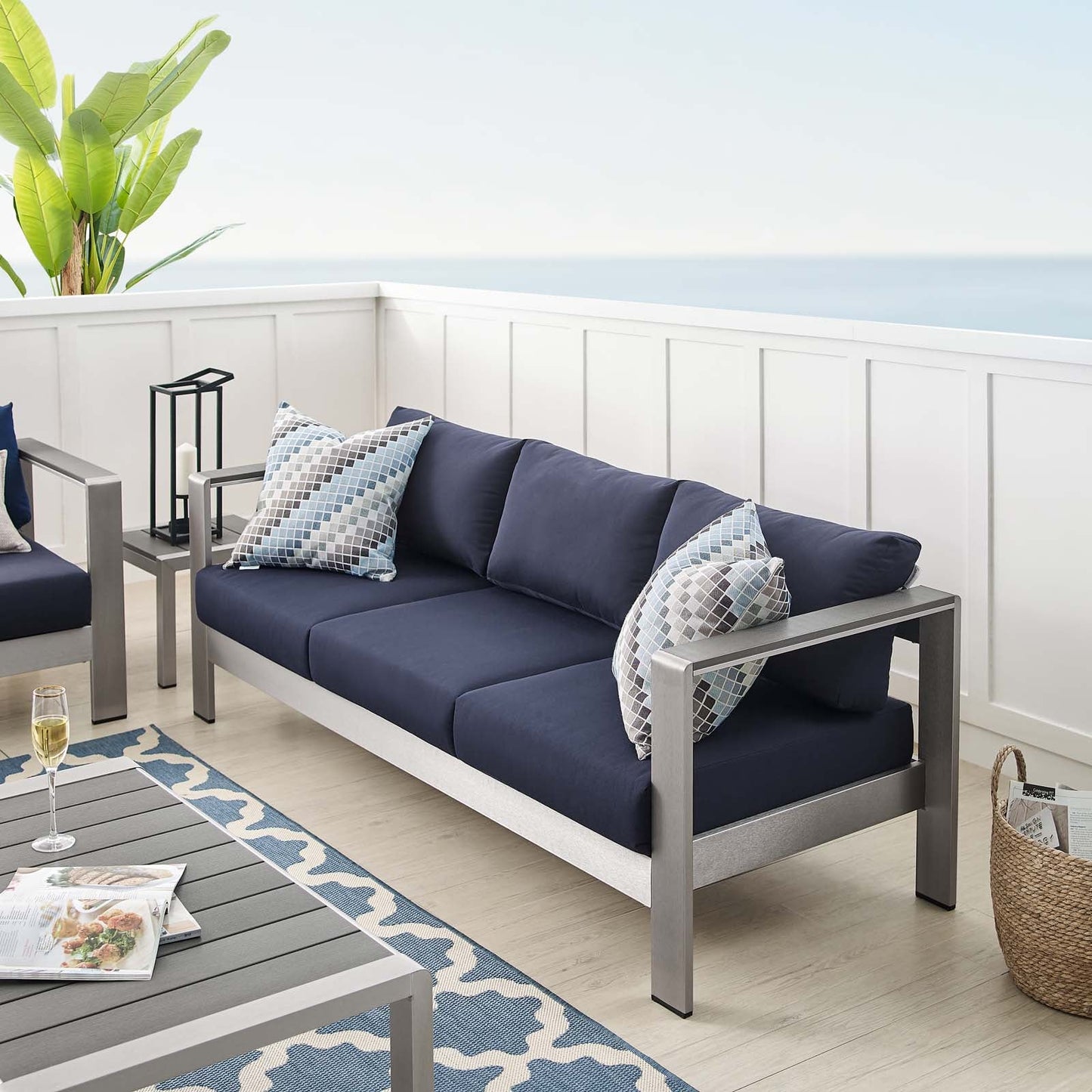 Shore Sunbrella® Fabric Aluminum Outdoor Patio Sofa Silver Navy EEI-4228-SLV-NAV