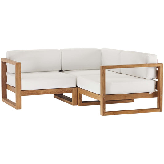 Upland Outdoor Patio Teak Wood 3-Piece Sectional Sofa Set Natural White EEI-4255-NAT-WHI-SET