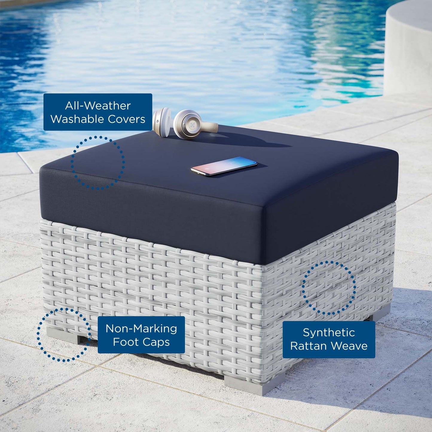 Convene Outdoor Patio Ottoman Light Gray Navy EEI-4301-LGR-NAV