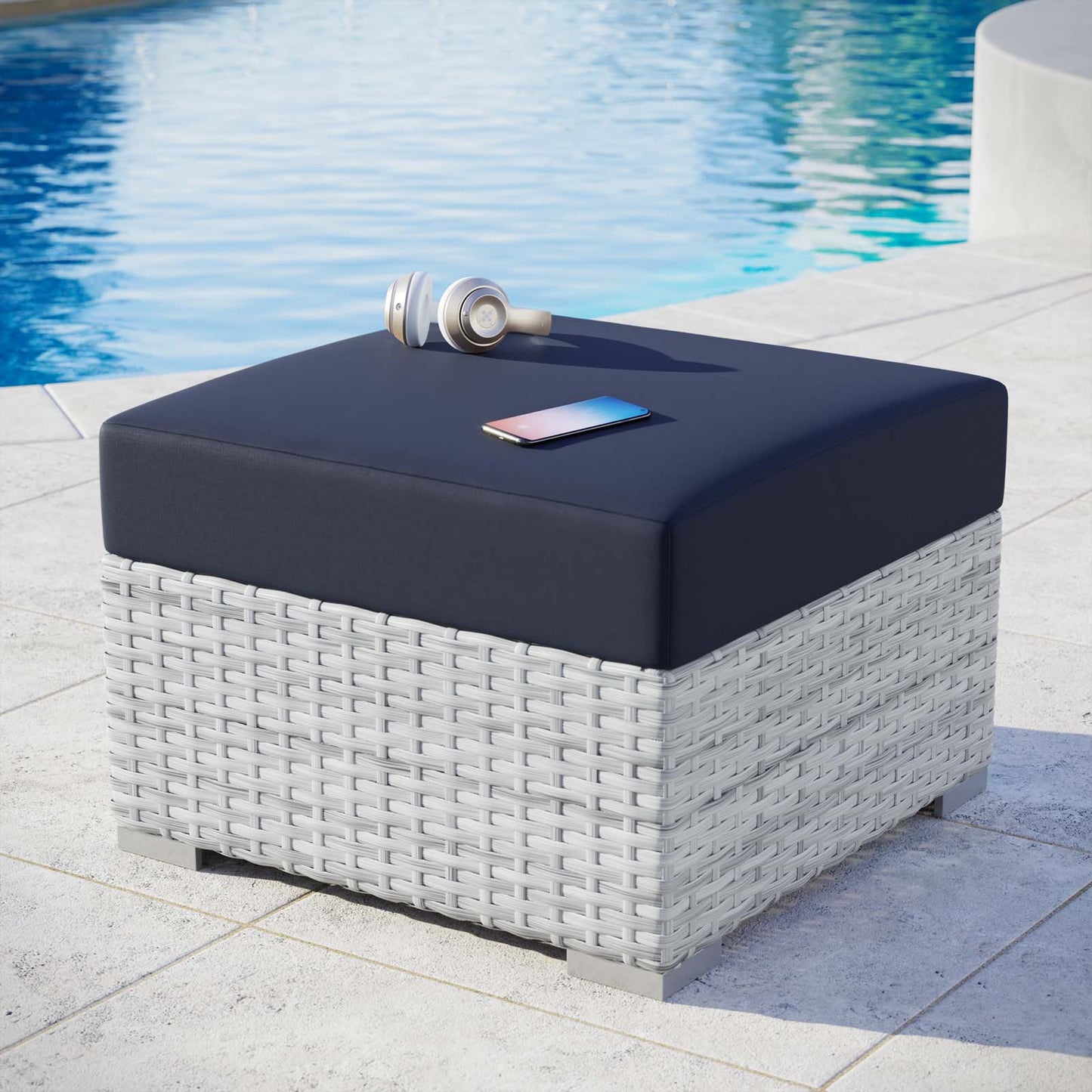 Convene Outdoor Patio Ottoman Light Gray Navy EEI-4301-LGR-NAV