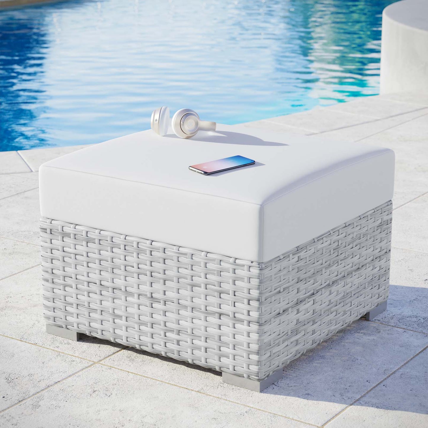 Convene Outdoor Patio Ottoman Light Gray White EEI-4301-LGR-WHI