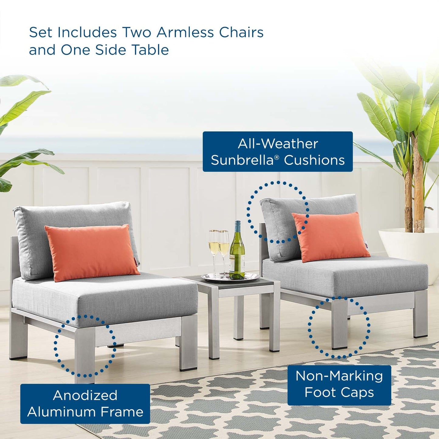 Shore Sunbrella® Fabric Outdoor Patio Aluminum 3 Piece Set Silver Gray EEI-4312-SLV-GRY-SET