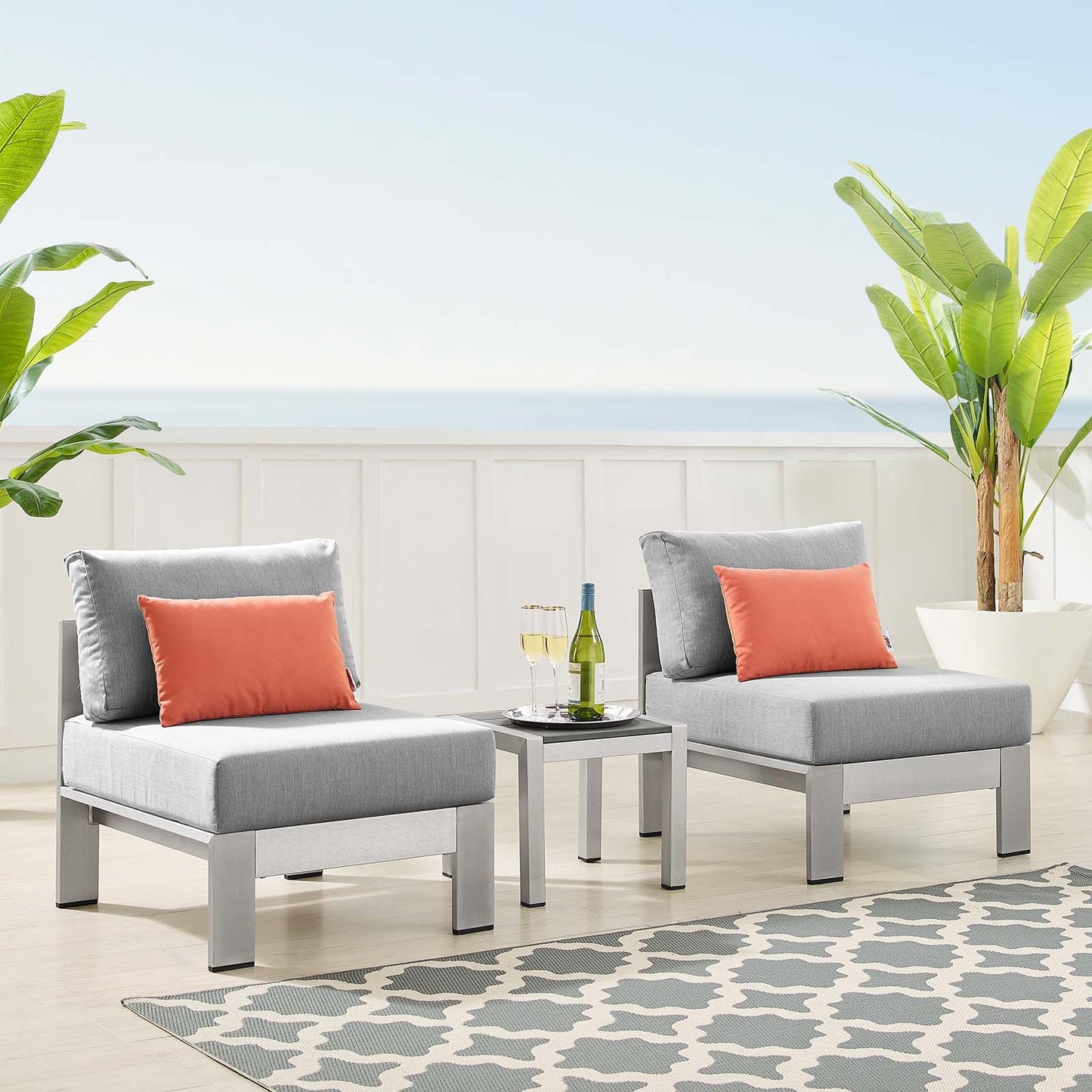 Shore Sunbrella® Fabric Outdoor Patio Aluminum 3 Piece Set Silver Gray EEI-4312-SLV-GRY-SET